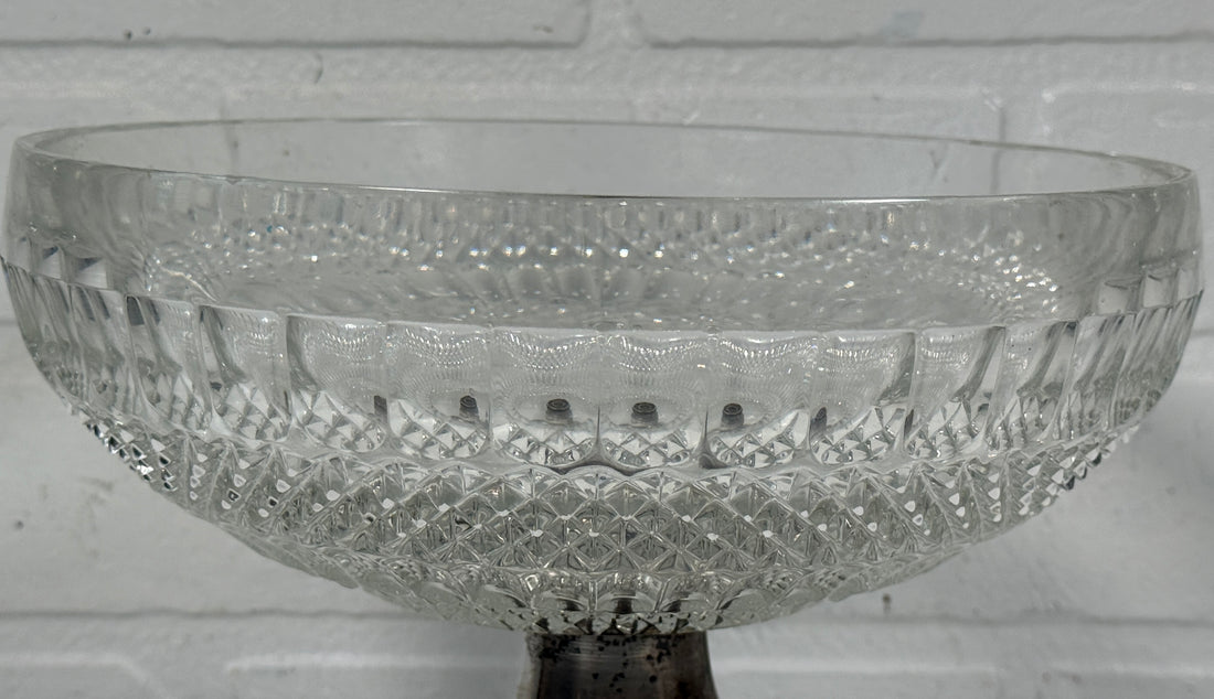 Vintage Pressed Glass Compote Bowl on Ornate Silver-Plated Pedestal Base – MCM Centerpiece