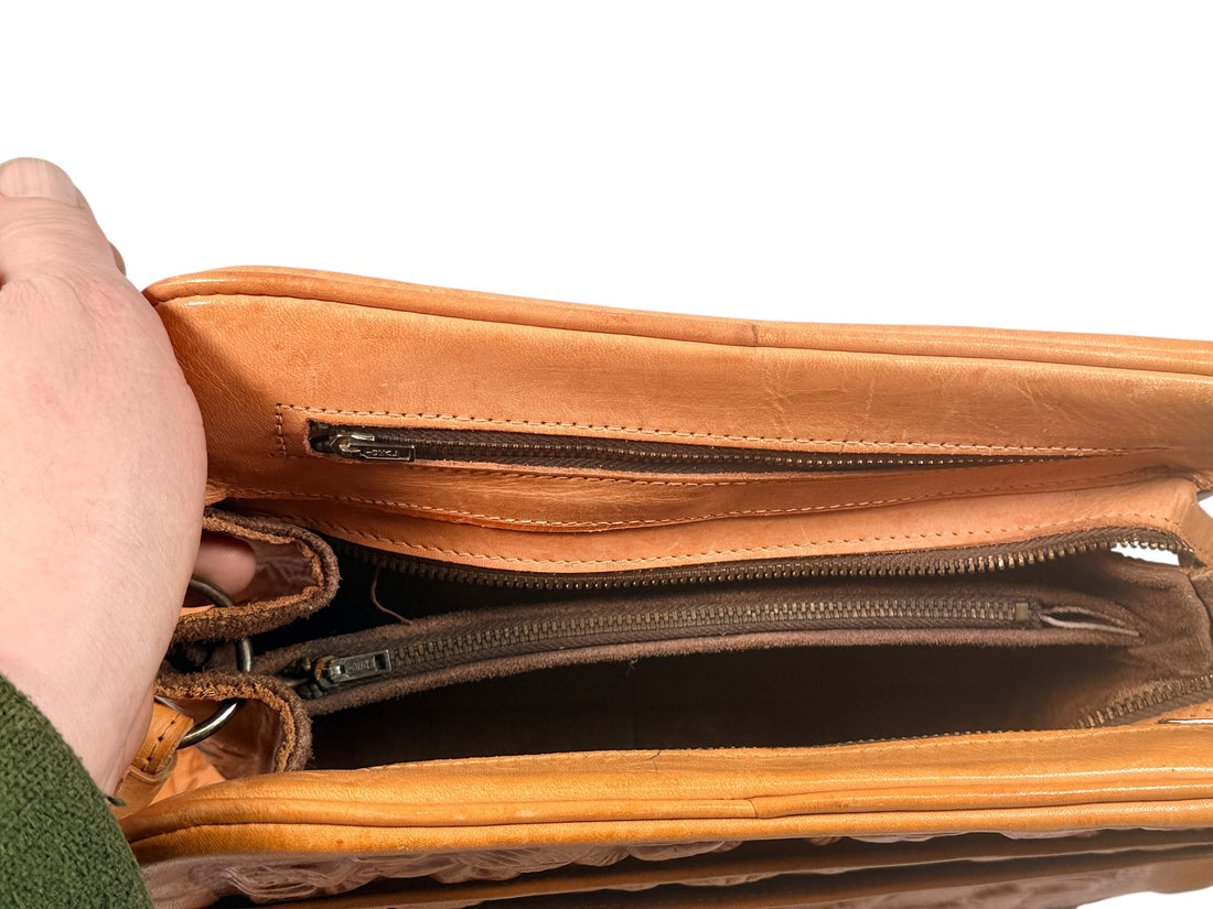 Vintage Tooled Leather Handbag, Aztec Motif, Carved Shoulder Purse