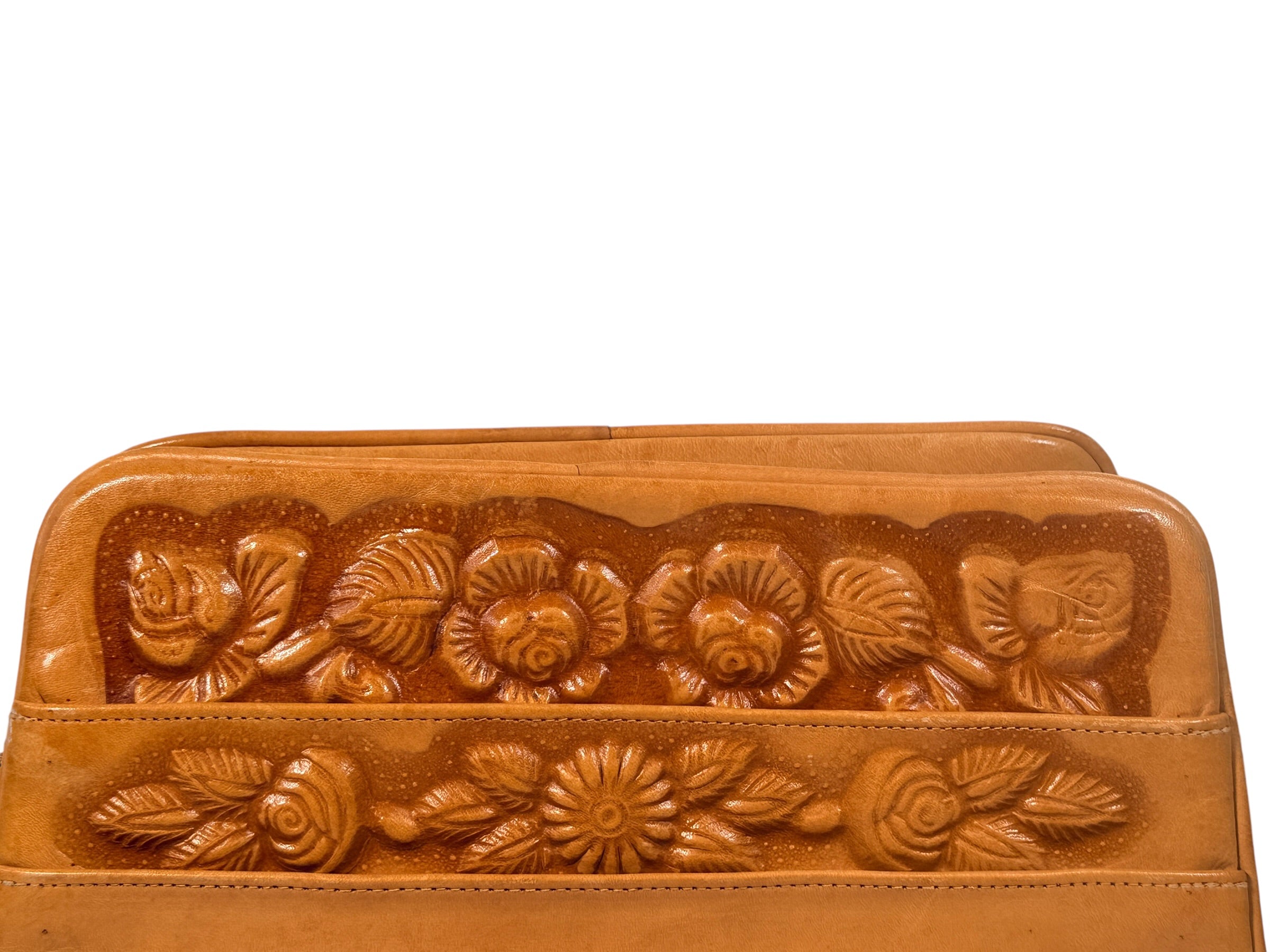 Vintage Tooled Leather Handbag, Aztec Motif, Carved Shoulder Purse