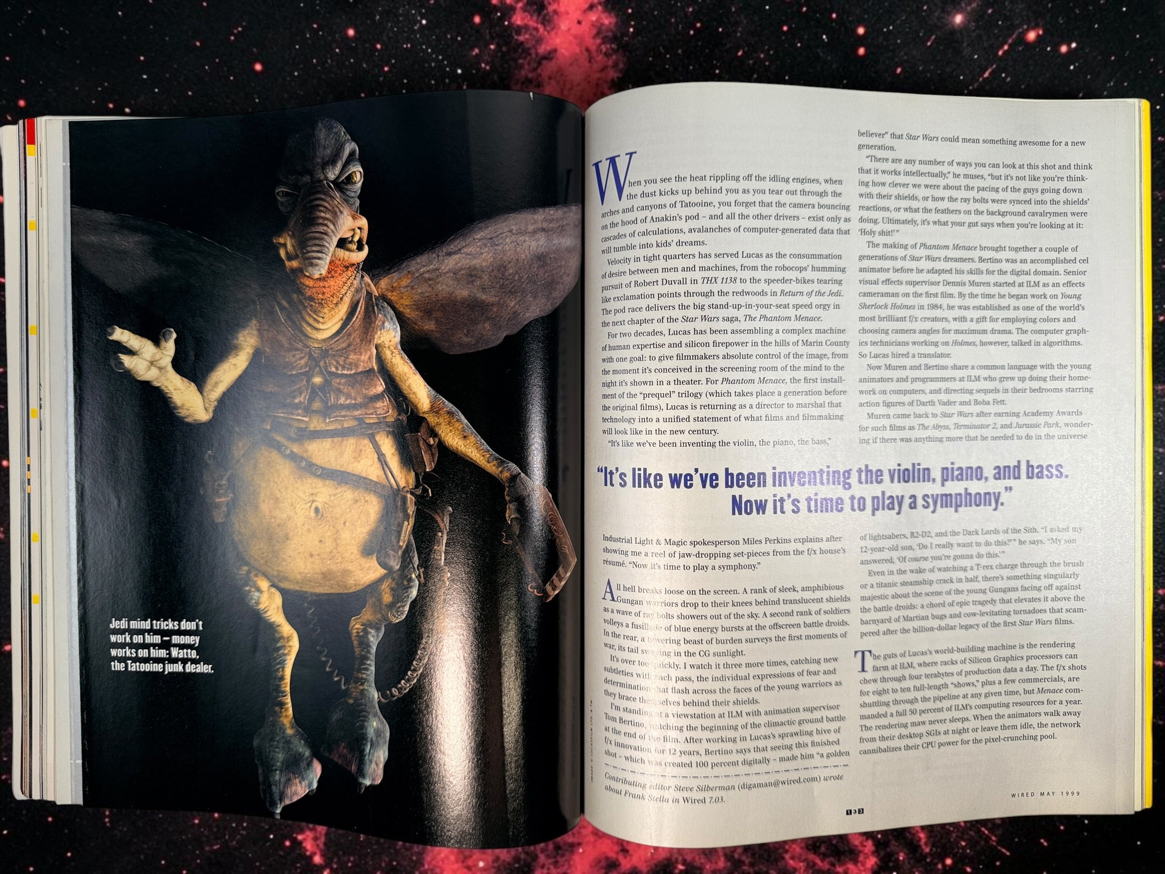 1999 WIRED Magazine featuring George Lucas and Star Wars Episode I, with Phantom Menace and ILM features plus a vintage Apple Think Different ad.