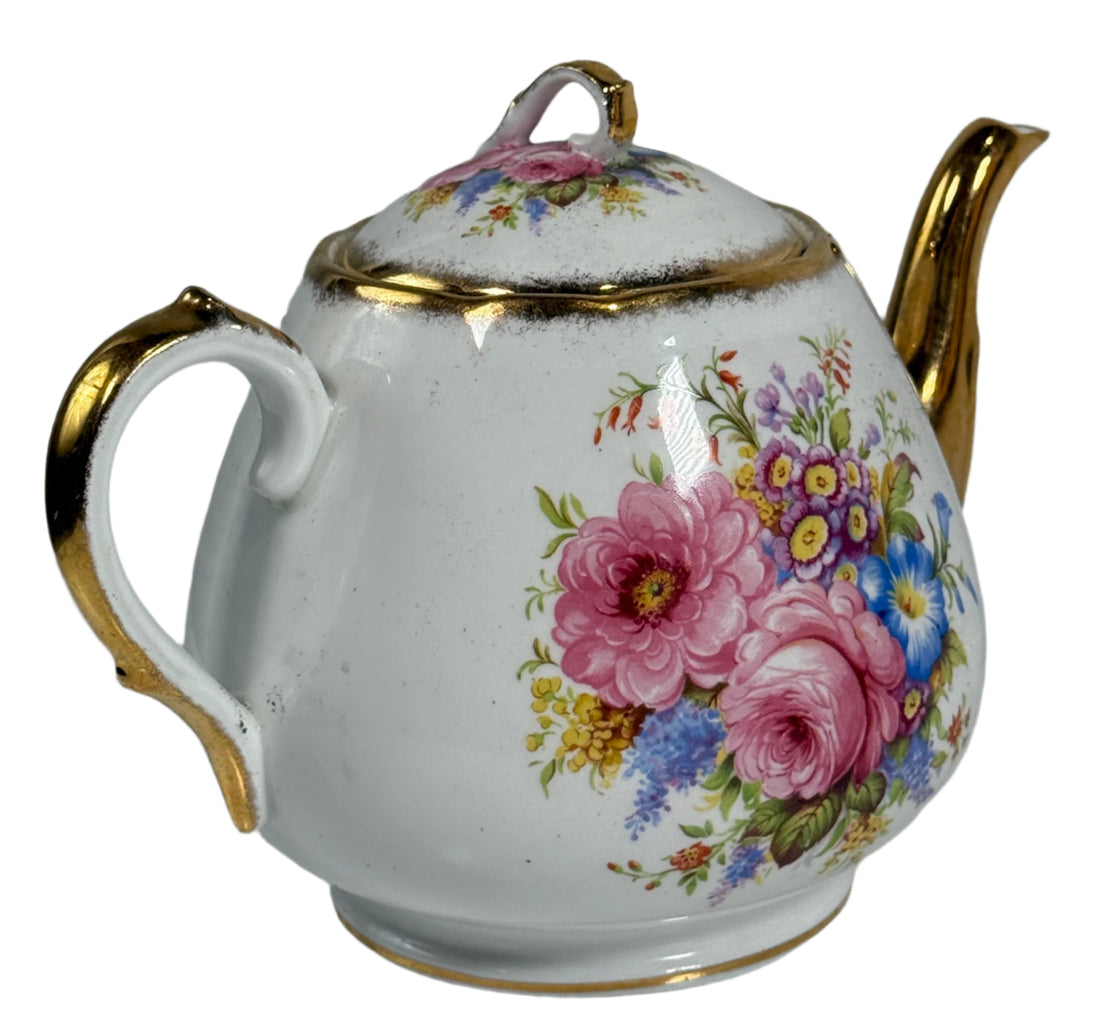 Vintage Windsor Bone China Teapot – England – Floral & Gold Trim – Mid-Century