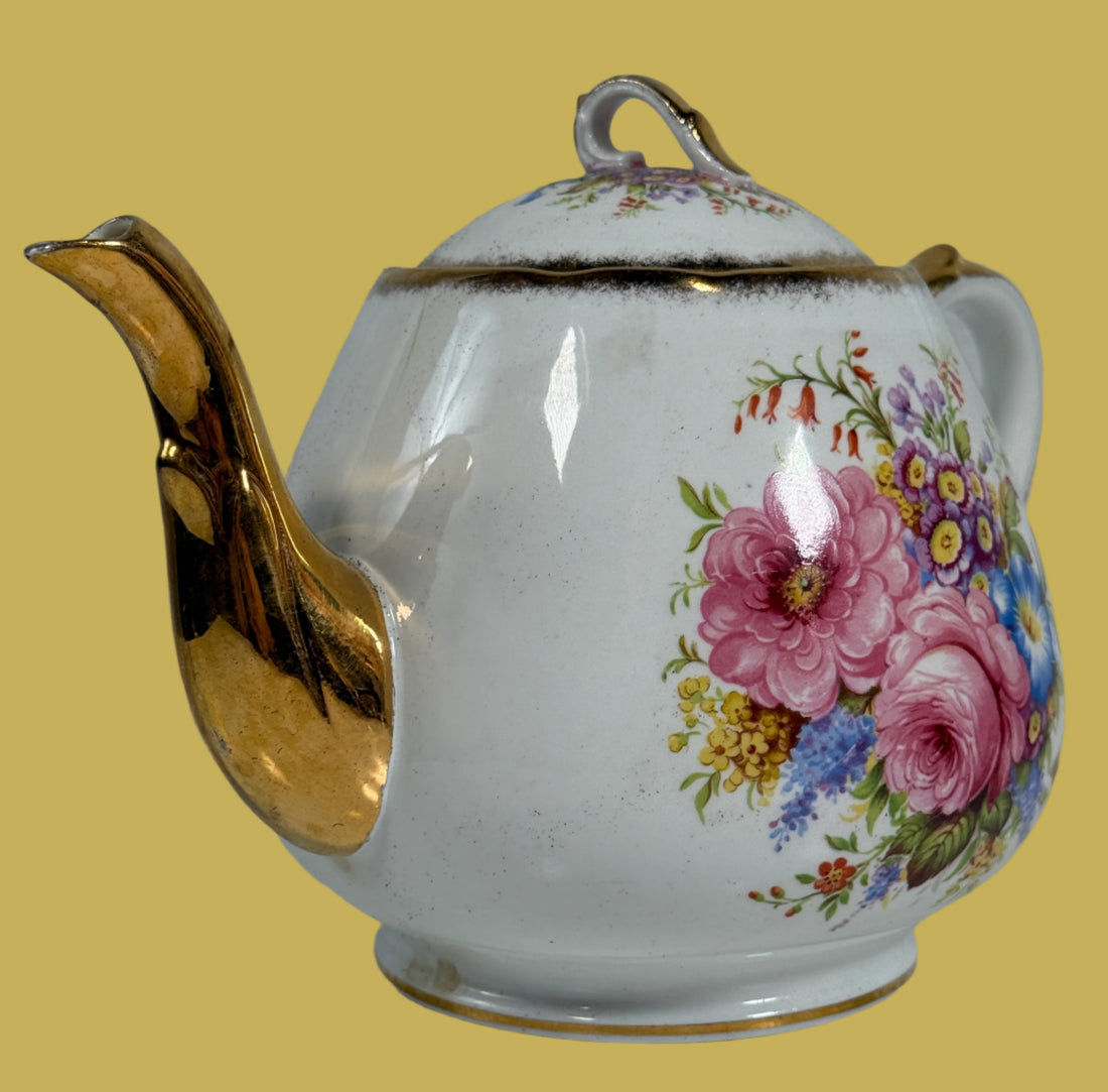 Vintage Windsor Bone China Teapot – England – Floral & Gold Trim – Mid-Century