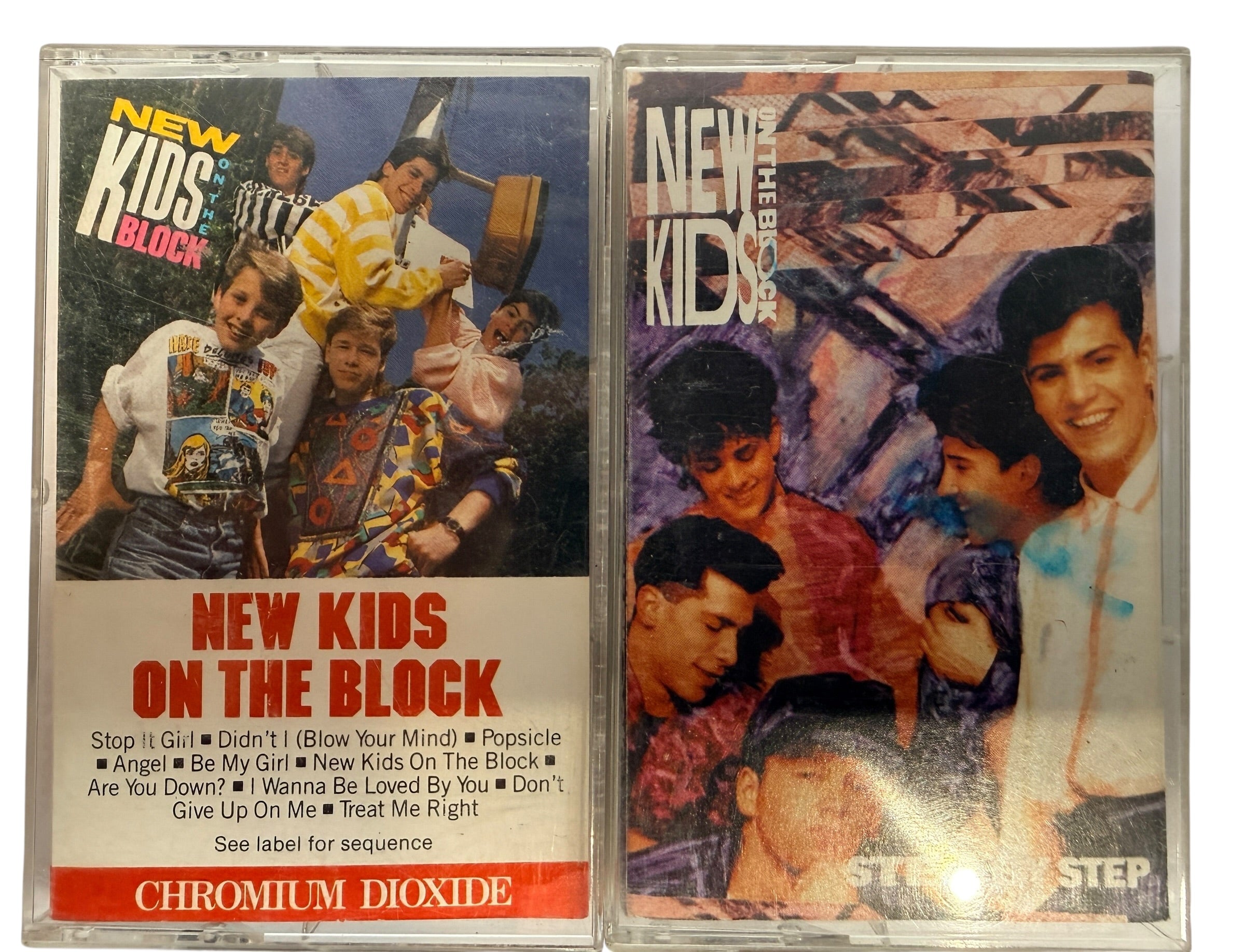 Vintage New Kids On The Block cassette lot with 1986 debut and Step By Step album. Classic 80s 90s pop tapes with original cases and inserts included.
