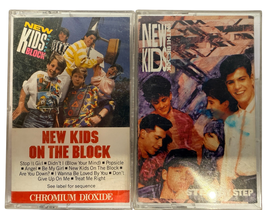 Vintage New Kids On The Block cassette lot with 1986 debut and Step By Step album. Classic 80s 90s pop tapes with original cases and inserts included.