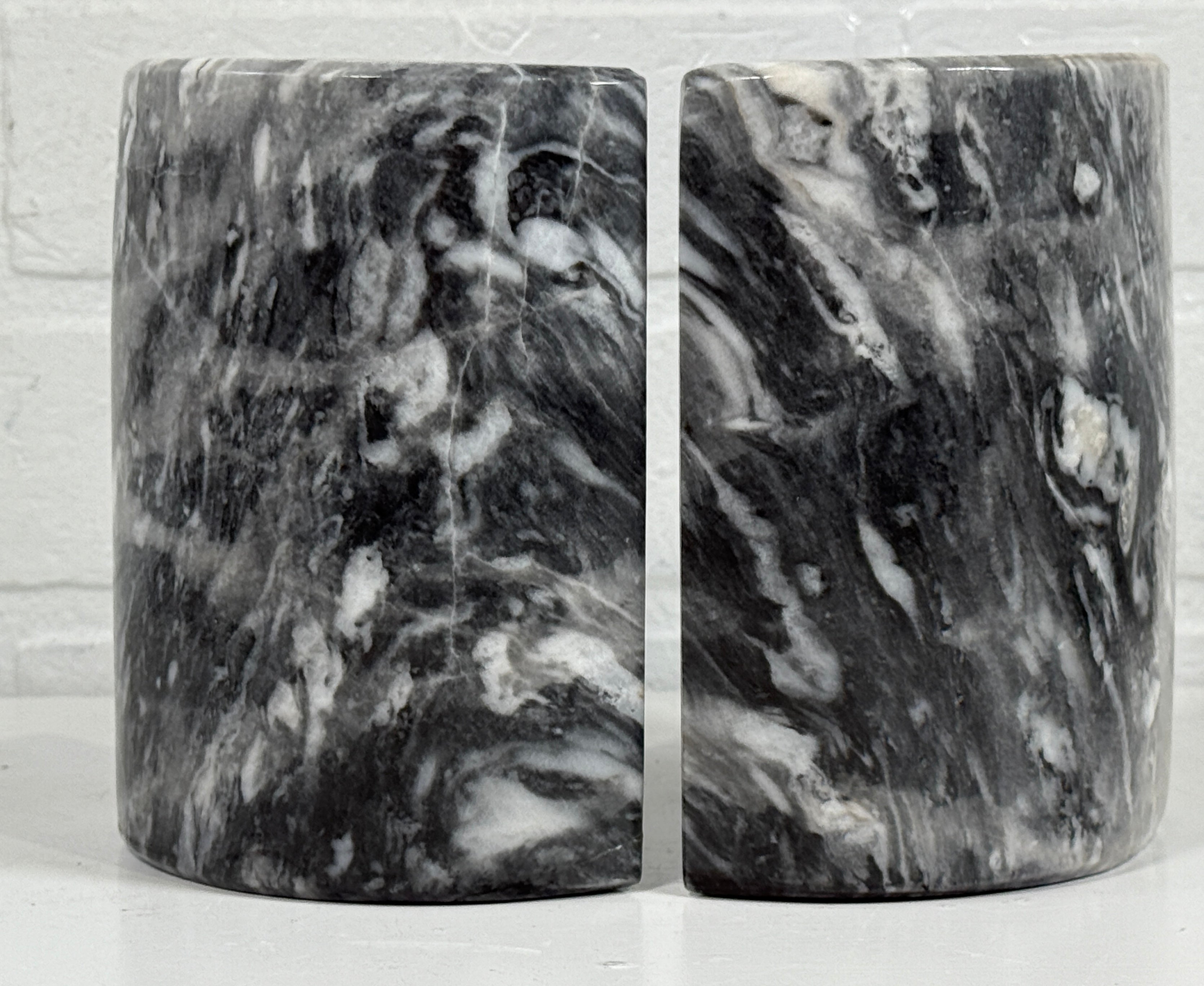 Vintage Solid Marble Bookends – Black & White Swirl – Half-Cylinder Pair