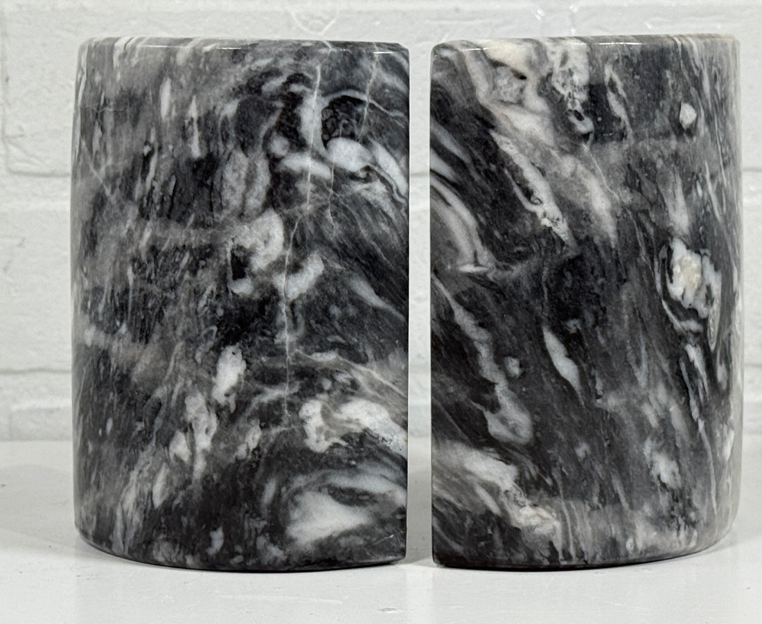 Vintage Solid Marble Bookends – Black & White Swirl – Half-Cylinder Pair