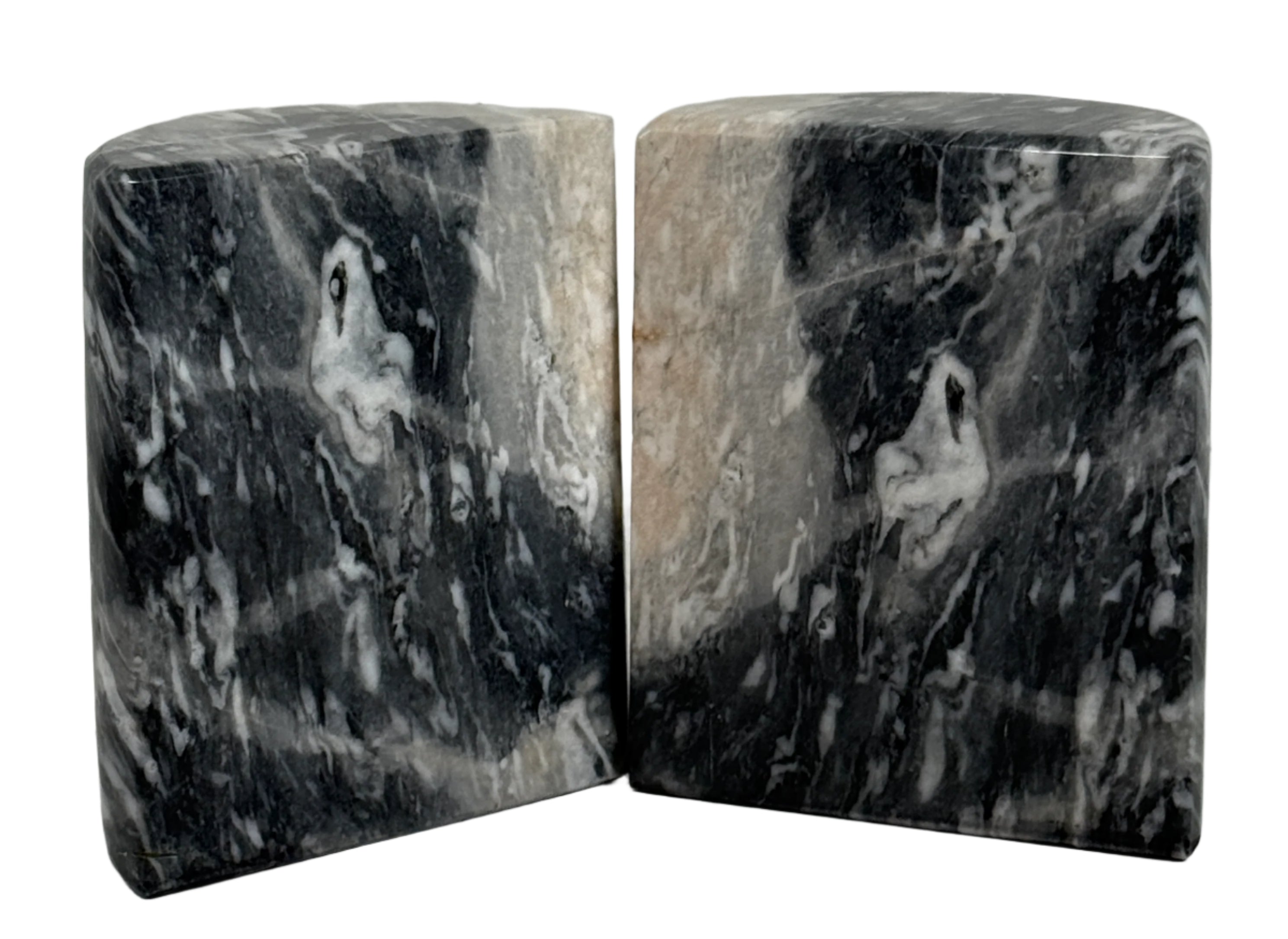 Two marble bookends with a gray and black marbled pattern on a light gray background.