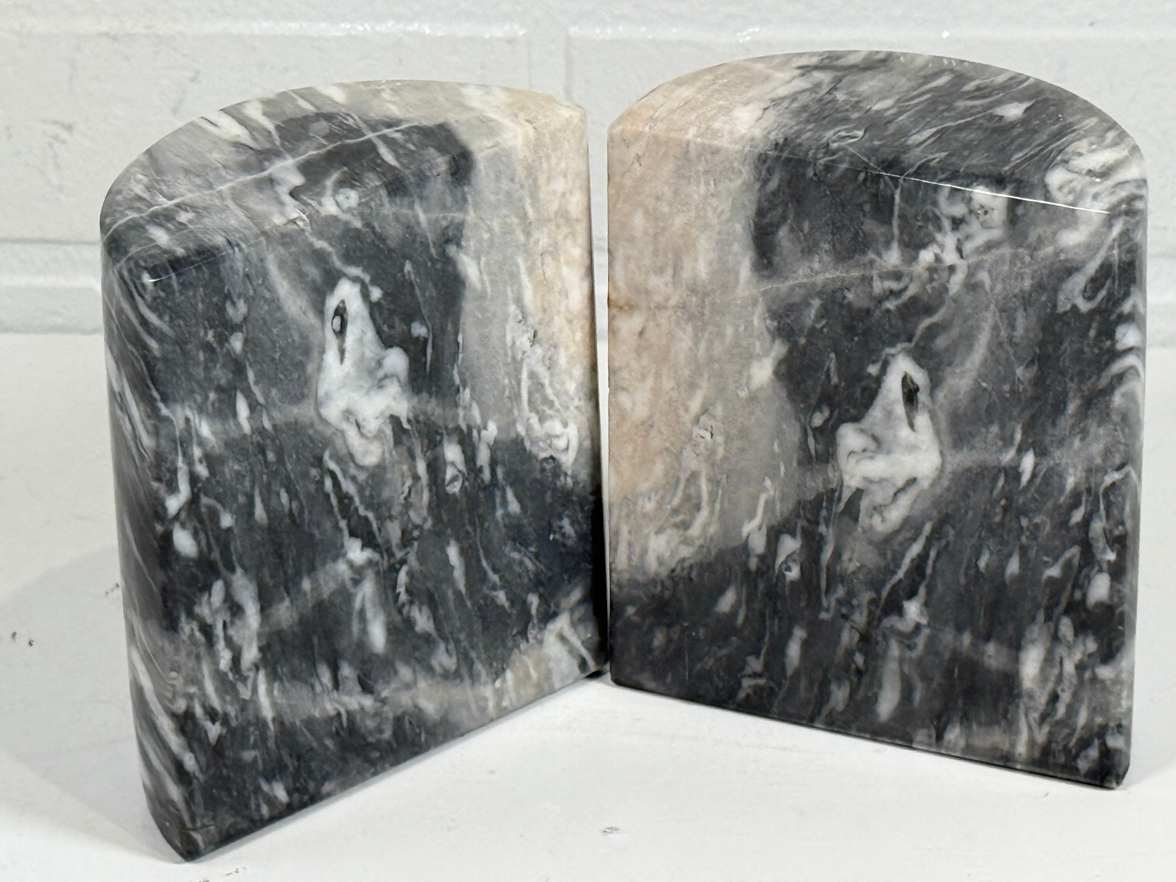 Vintage Solid Marble Bookends – Black & White Swirl – Half-Cylinder Pair