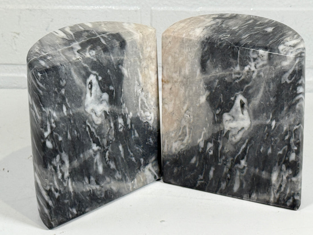 Vintage Solid Marble Bookends – Black & White Swirl – Half-Cylinder Pair