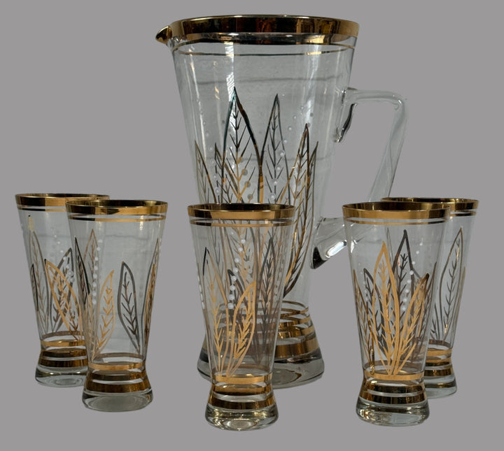 Vintage Mid-Century Gold Wheat Glass Pitcher & Tumbler Set – 6-Piece