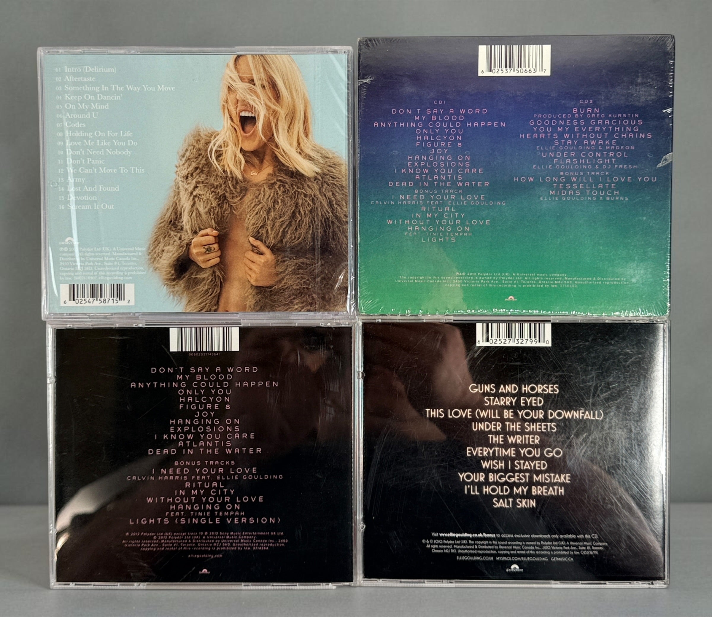 Ellie Goulding 4-album CD collection with Lights, Halcyon, sealed Halcyon Days and Delirium. Original HMV and promotional stickers included.