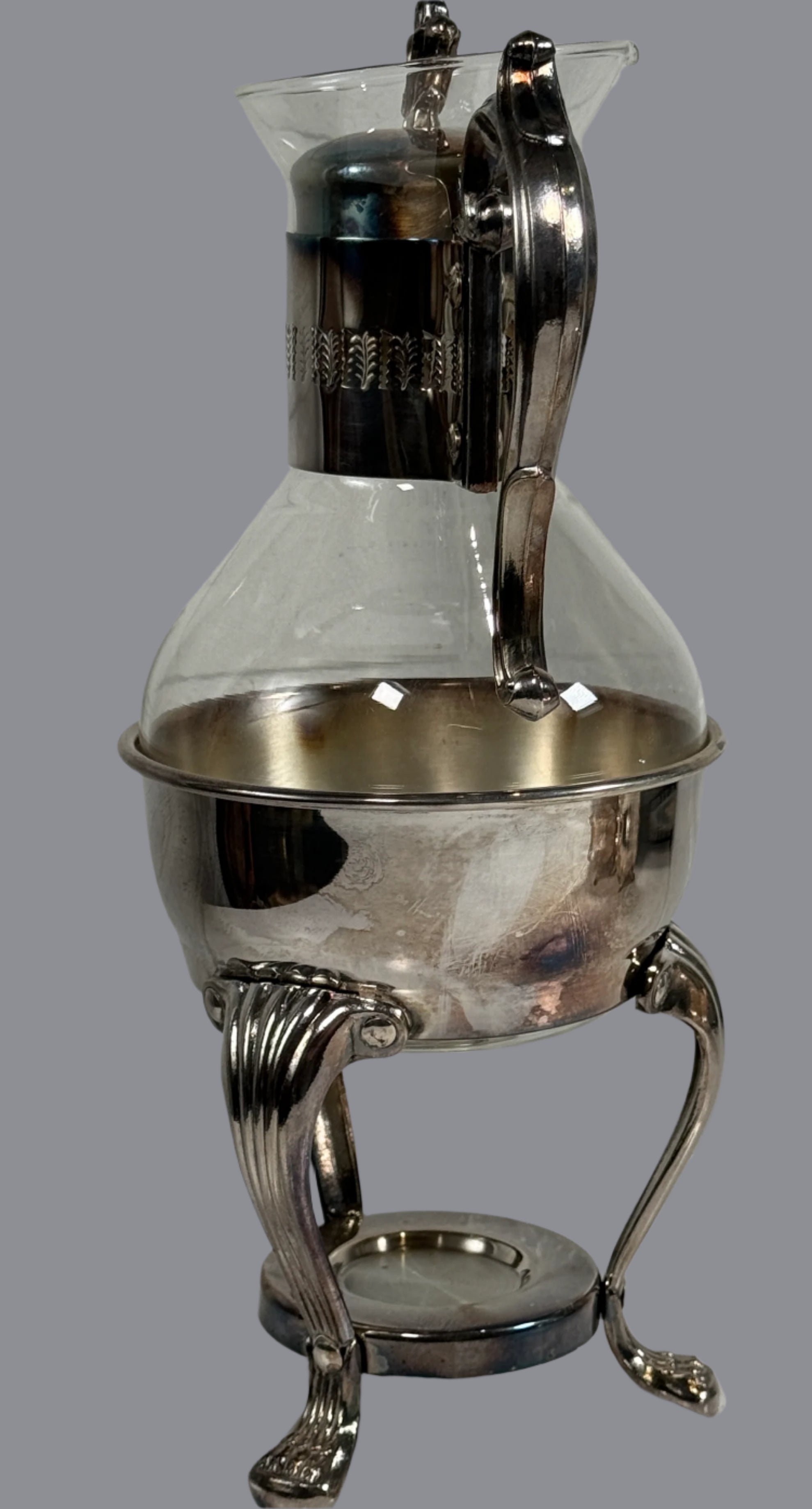 F.B. Rogers Silverplate Glass Coffee Carafe w/ Warming Stand USA