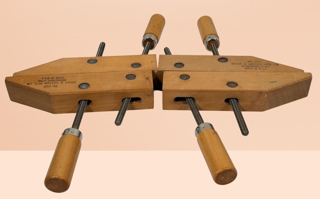 Vintage Brink &amp; Cotton USA wood clamp No 008, 8 inch woodworking hand screw clamp. Durable cabinetmaker tool, collectible vintage shop equipment.