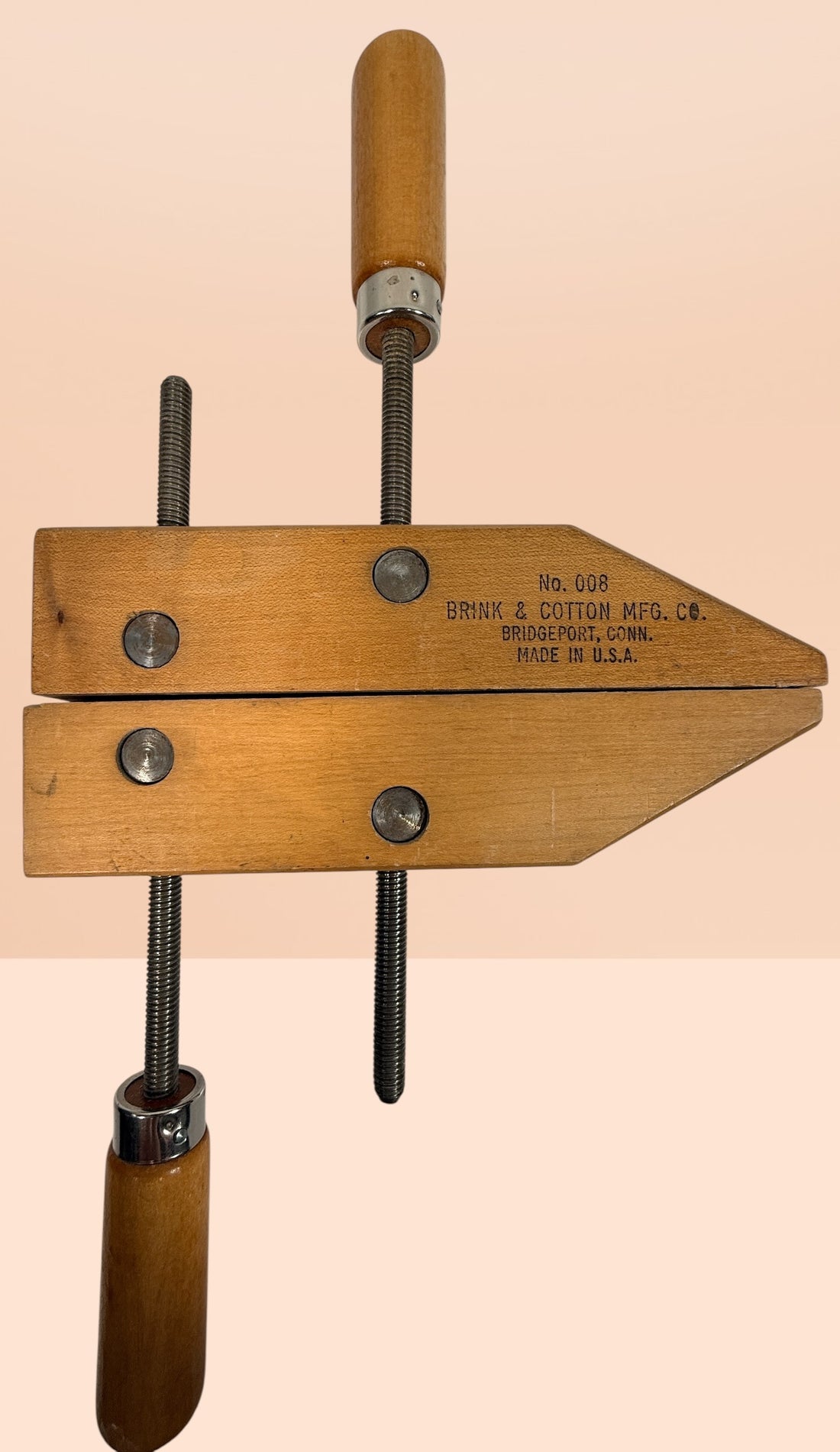 Vintage Brink &amp; Cotton USA wood clamp No 008, 8 inch woodworking hand screw clamp. Durable cabinetmaker tool, collectible vintage shop equipment.