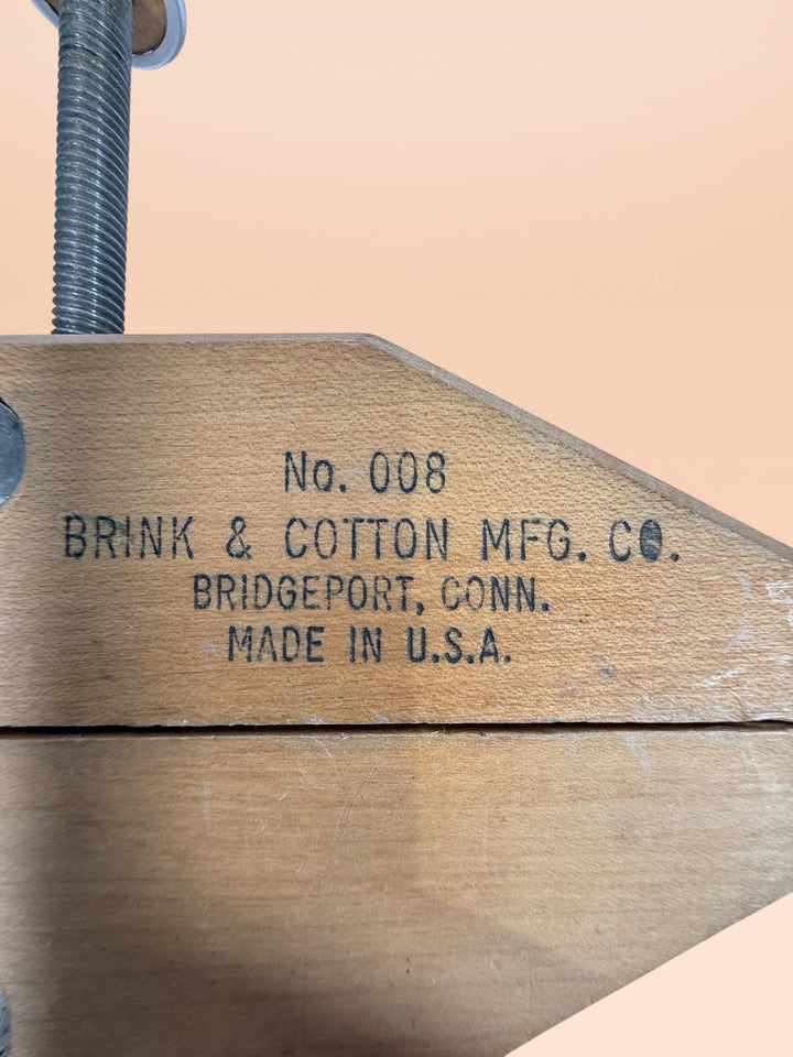 Vintage Brink &amp; Cotton USA wood clamp No 008, 8 inch woodworking hand screw clamp. Durable cabinetmaker tool, collectible vintage shop equipment.