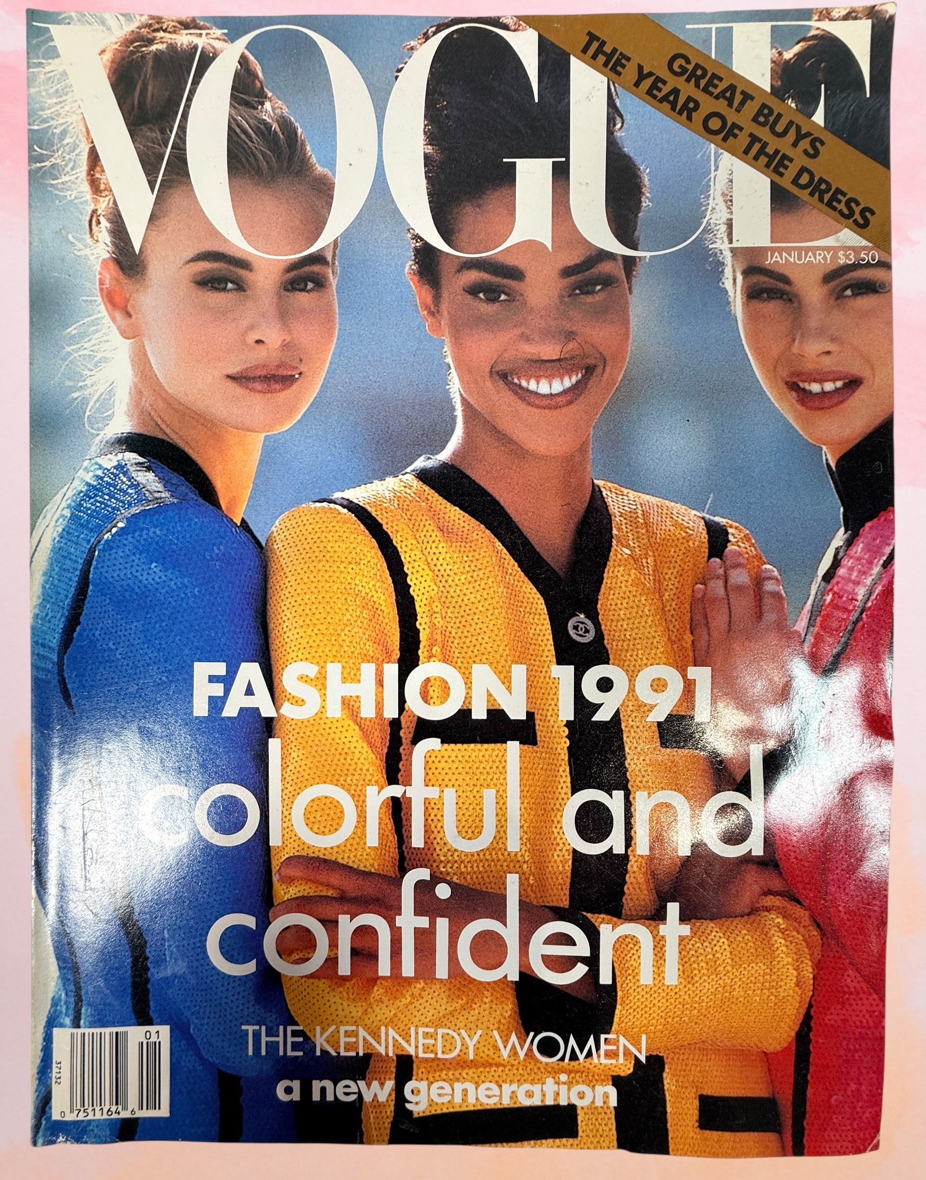 Vintage Vogue January 1991 fashion magazine. Original 90s editorial, ads, and style inspiration. Collectible glossy issue for fashion lovers and decor.