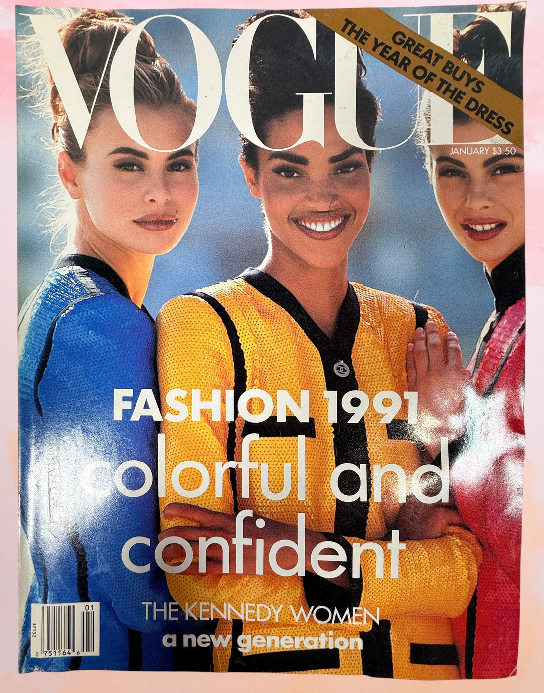 Vintage Vogue January 1991 fashion magazine. Original 90s editorial, ads, and style inspiration. Collectible glossy issue for fashion lovers and decor.