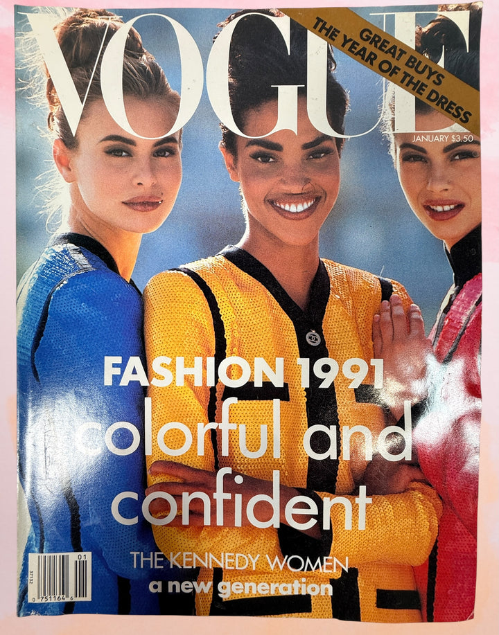 Vintage Vogue January 1991 fashion magazine. Original 90s editorial, ads, and style inspiration. Collectible glossy issue for fashion lovers and decor.