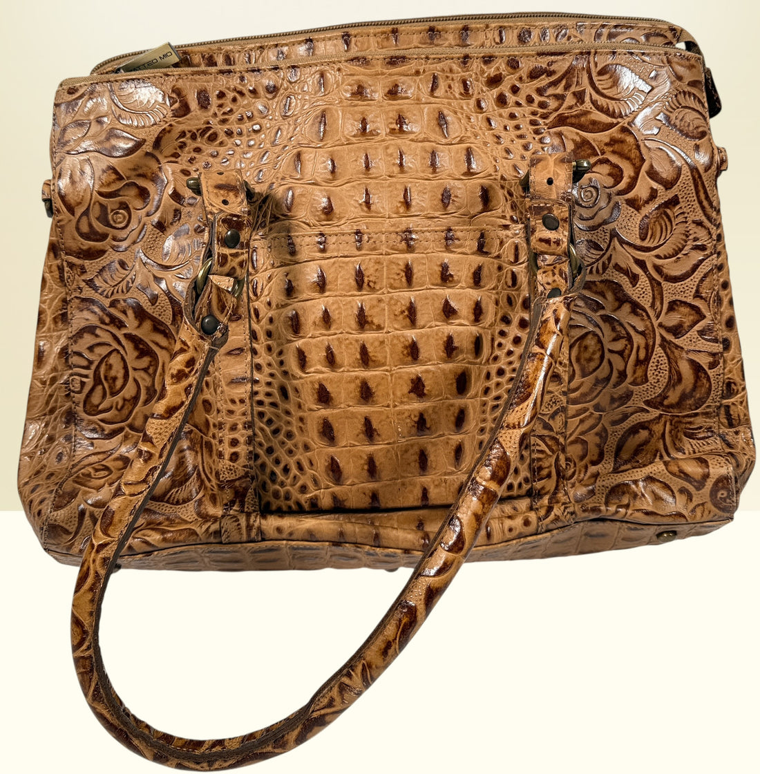 Matteo Mio tooled leather handbag with croc embossed panel, Canadian designer Edmond Salama satchel purse in rich tan leather, stylish everyday vintage look.