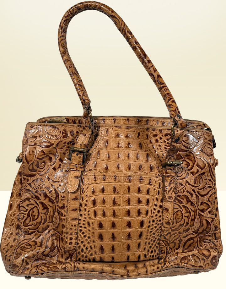 Matteo Mio tooled leather handbag with croc embossed panel, Canadian designer Edmond Salama satchel purse in rich tan leather, stylish everyday vintage look.