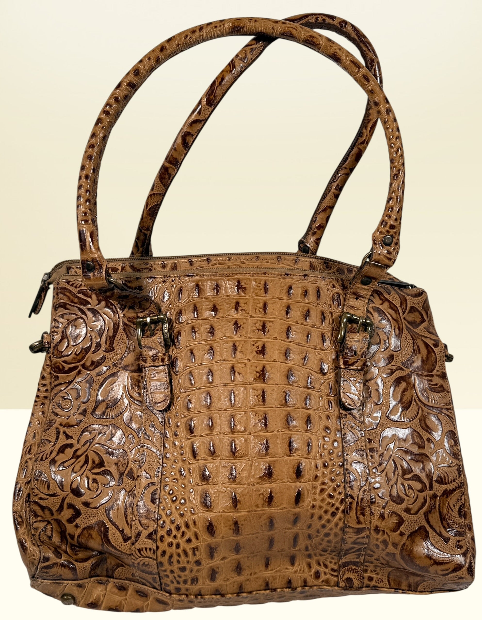 Matteo Mio tooled leather handbag with croc embossed panel, Canadian designer Edmond Salama satchel purse in rich tan leather, stylish everyday vintage look.