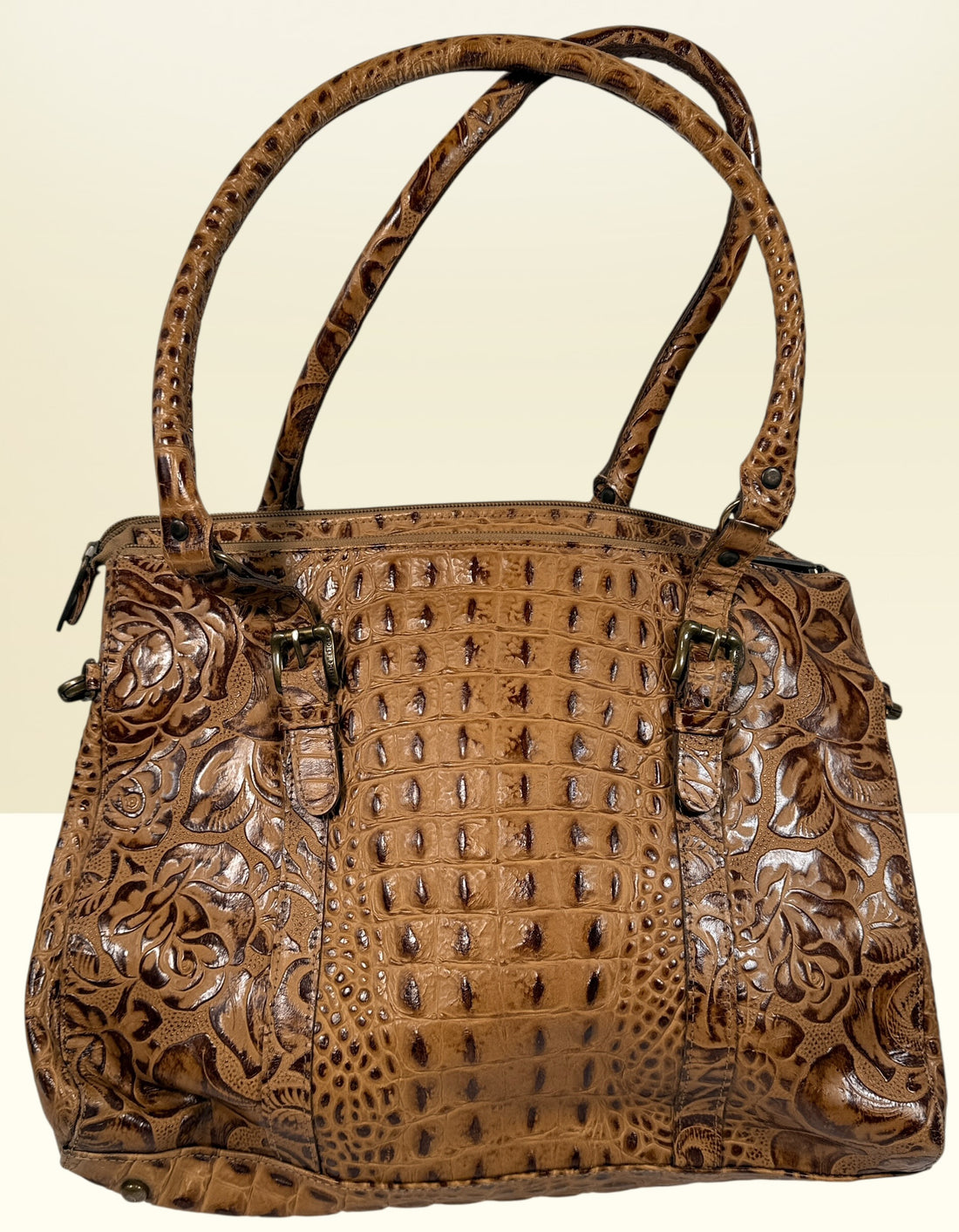 Matteo Mio tooled leather handbag with croc embossed panel, Canadian designer Edmond Salama satchel purse in rich tan leather, stylish everyday vintage look.