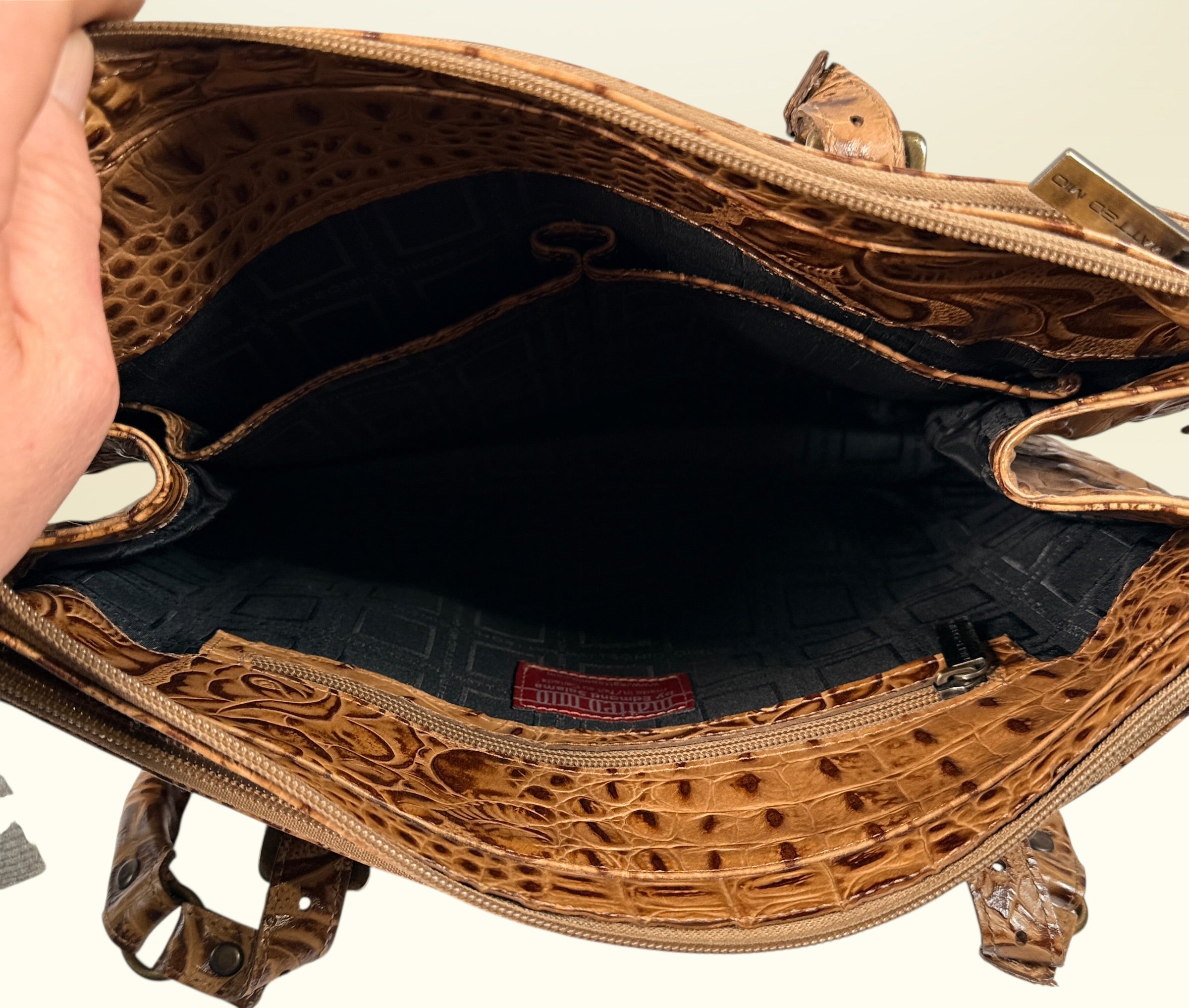 Matteo Mio tooled leather handbag with croc embossed panel, Canadian designer Edmond Salama satchel purse in rich tan leather, stylish everyday vintage look.