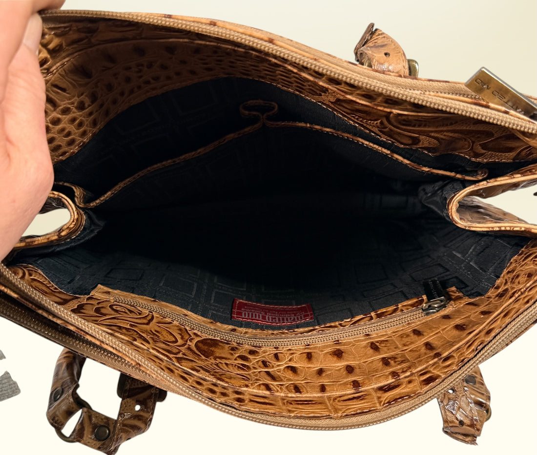 Matteo Mio tooled leather handbag with croc embossed panel, Canadian designer Edmond Salama satchel purse in rich tan leather, stylish everyday vintage look.