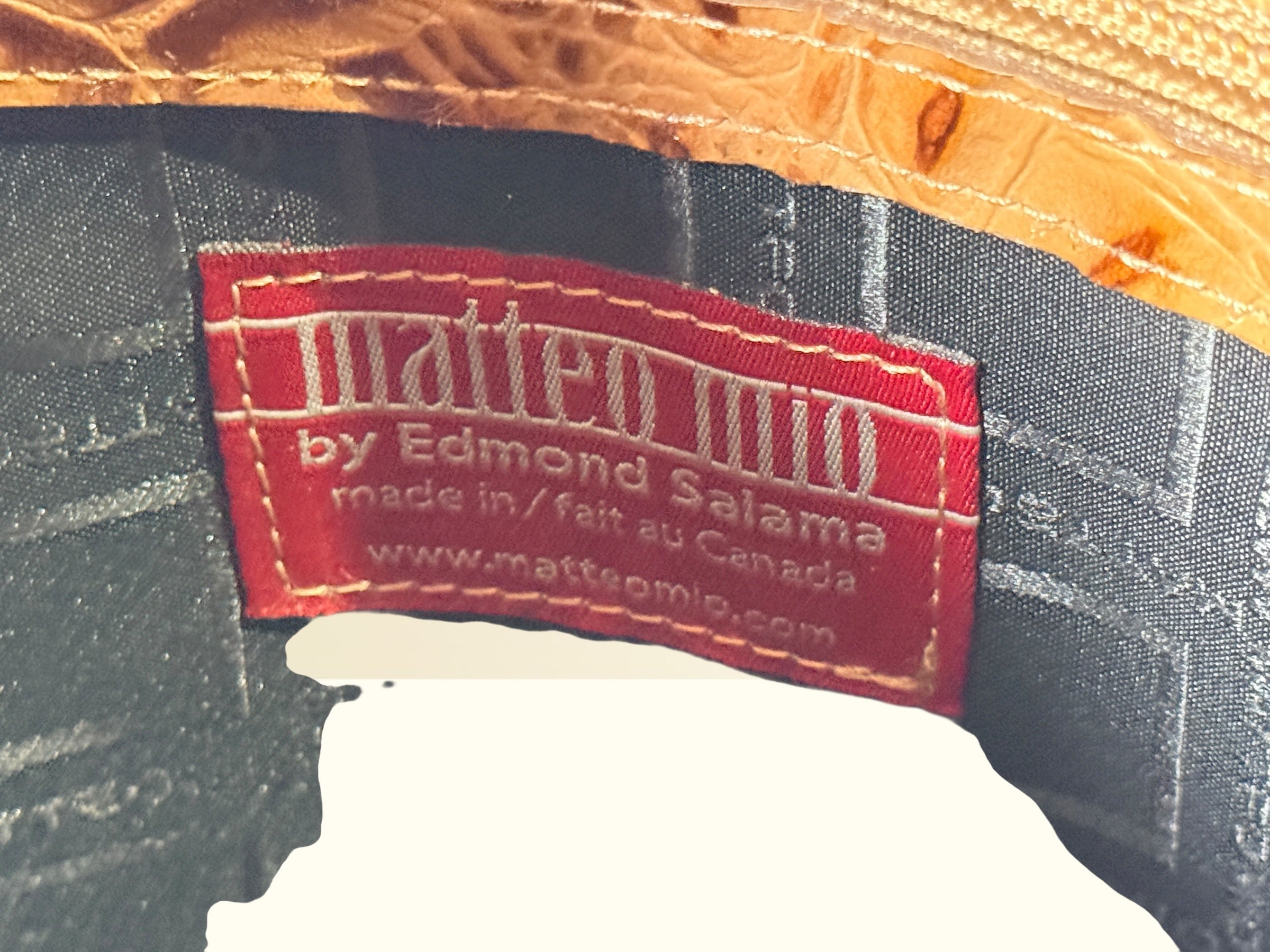 Matteo Mio tooled leather handbag with croc embossed panel, Canadian designer Edmond Salama satchel purse in rich tan leather, stylish everyday vintage look.