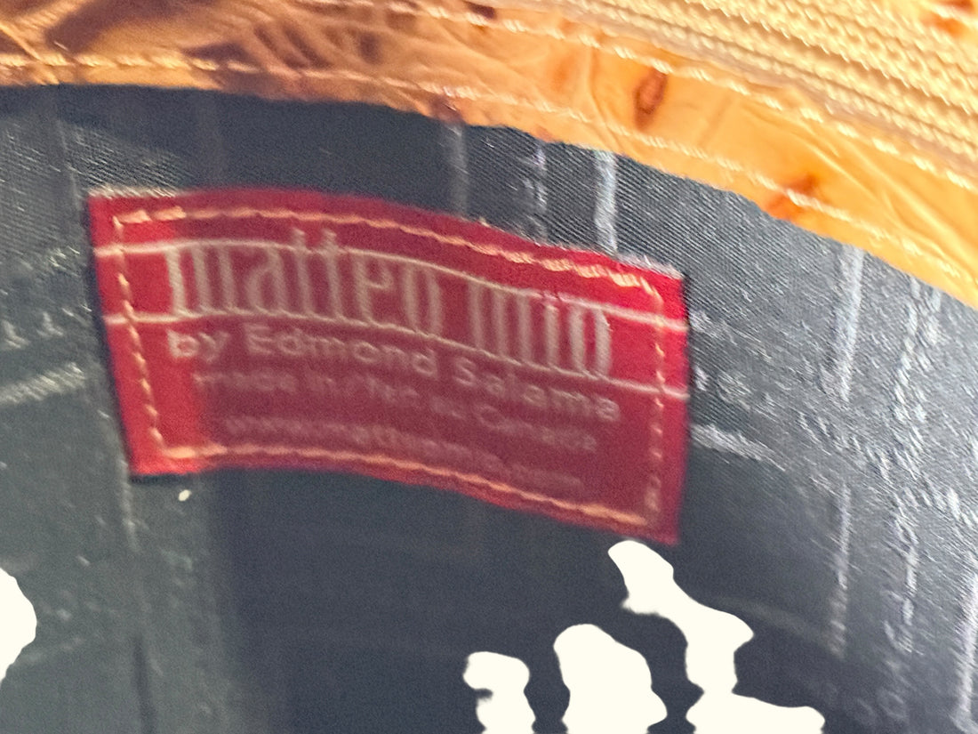 Matteo Mio tooled leather handbag with croc embossed panel, Canadian designer Edmond Salama satchel purse in rich tan leather, stylish everyday vintage look.