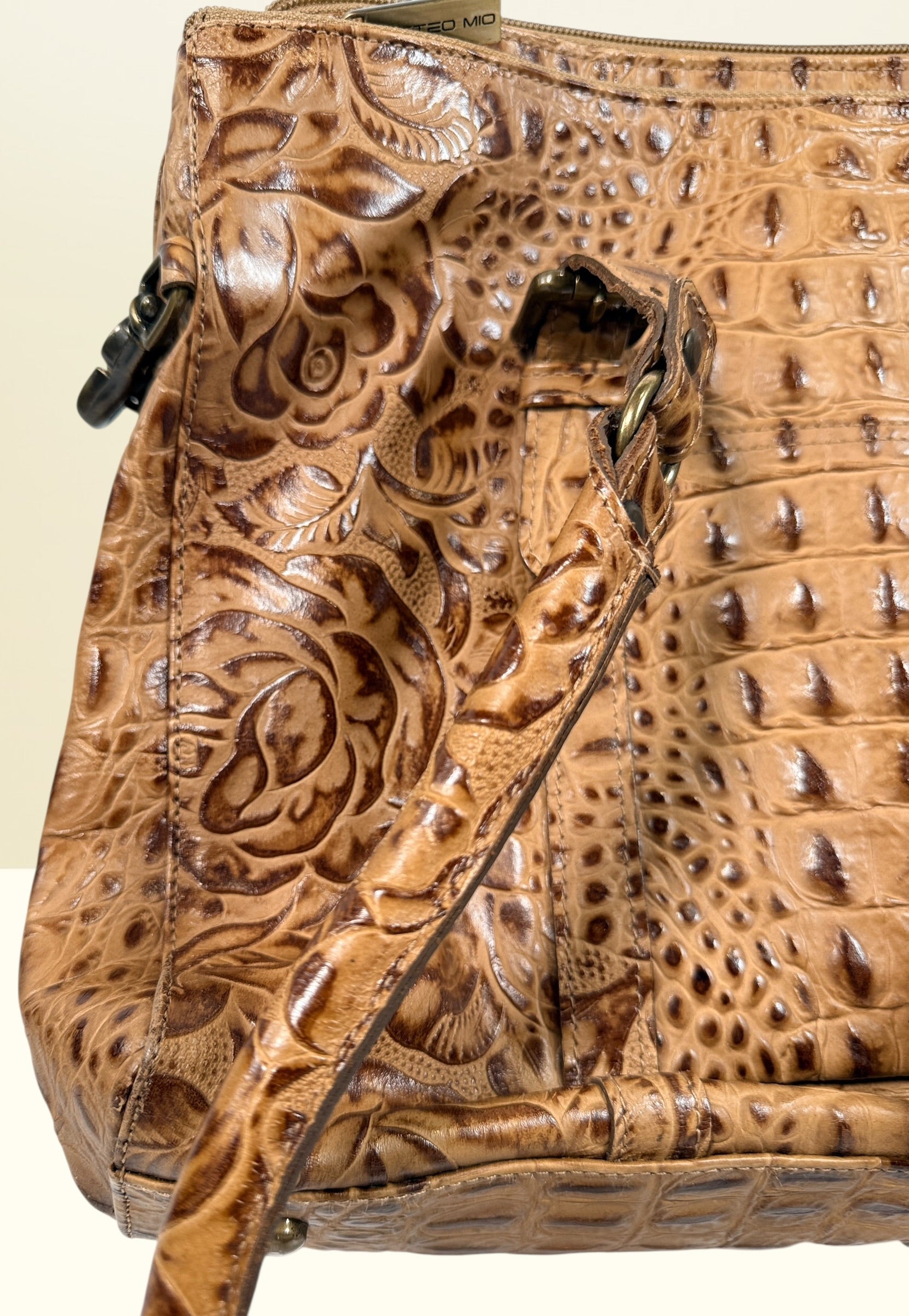 Matteo Mio tooled leather handbag with croc embossed panel, Canadian designer Edmond Salama satchel purse in rich tan leather, stylish everyday vintage look.
