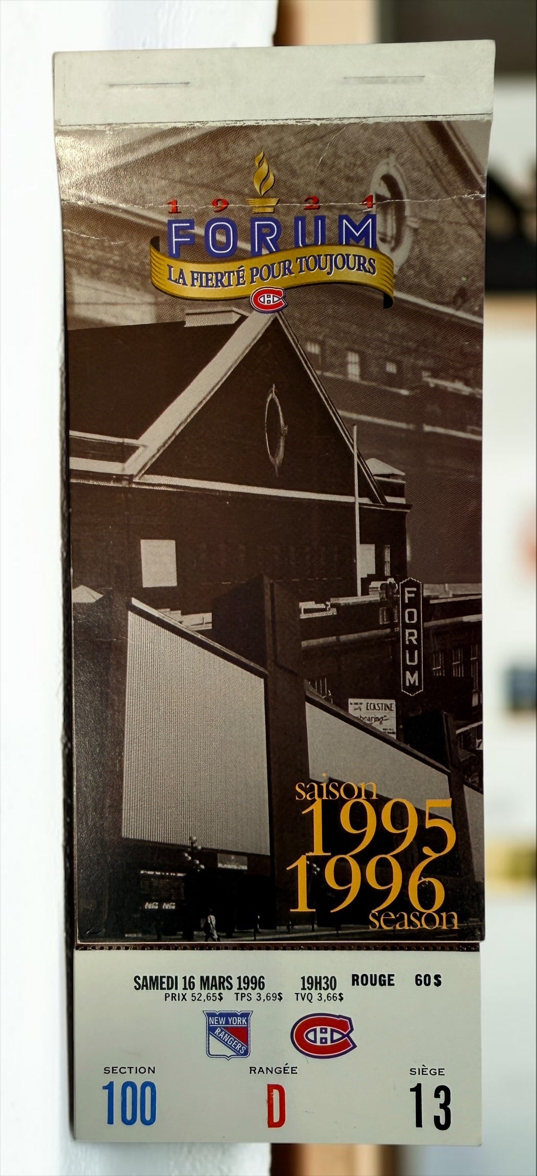 Original 1995–96 Montreal Canadiens season ticket booklet from the final season at the Montreal Forum, featuring Ken Dryden and historic Habs imagery.