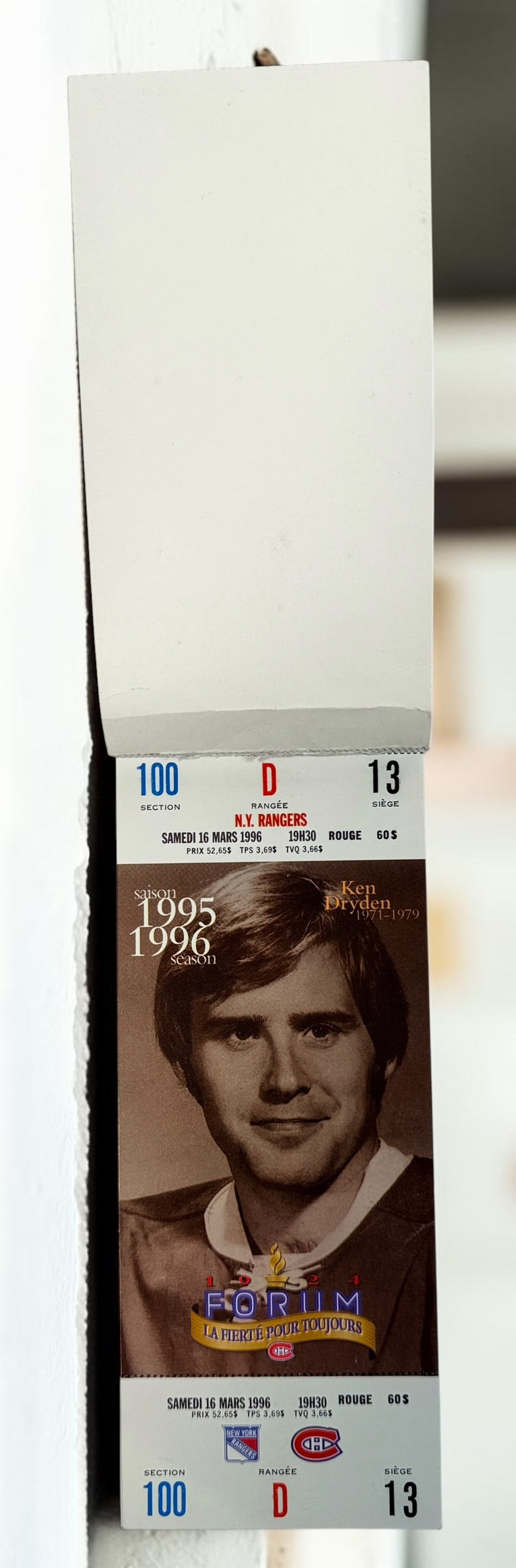 Original 1995–96 Montreal Canadiens season ticket booklet from the final season at the Montreal Forum, featuring Ken Dryden and historic Habs imagery.