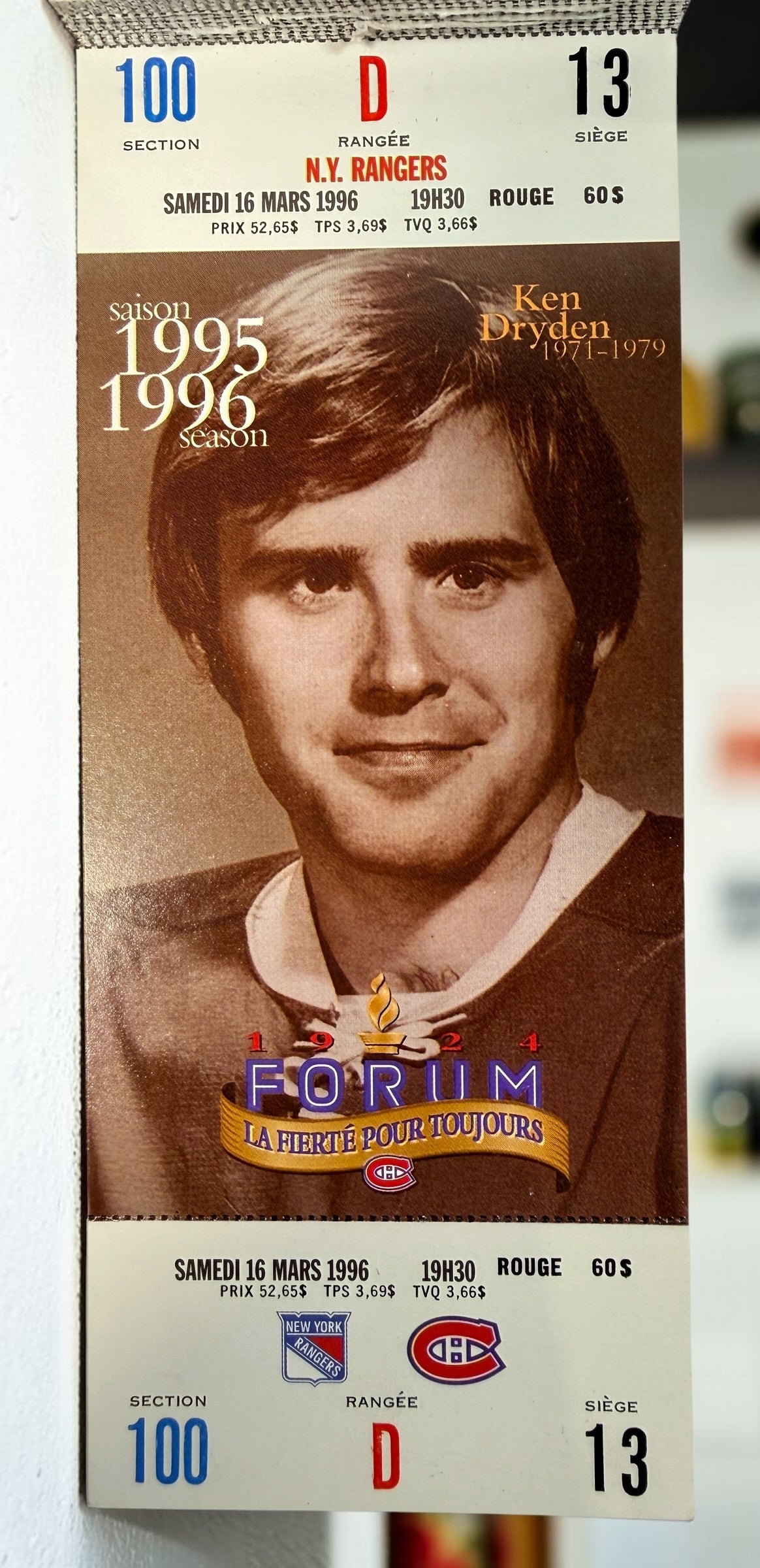 Original 1995–96 Montreal Canadiens season ticket booklet from the final season at the Montreal Forum, featuring Ken Dryden and historic Habs imagery.