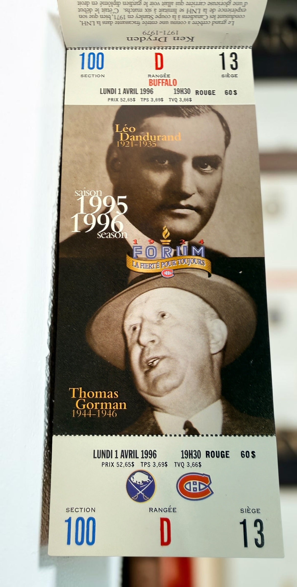 Original 1995–96 Montreal Canadiens season ticket booklet from the final season at the Montreal Forum, featuring Ken Dryden and historic Habs imagery.