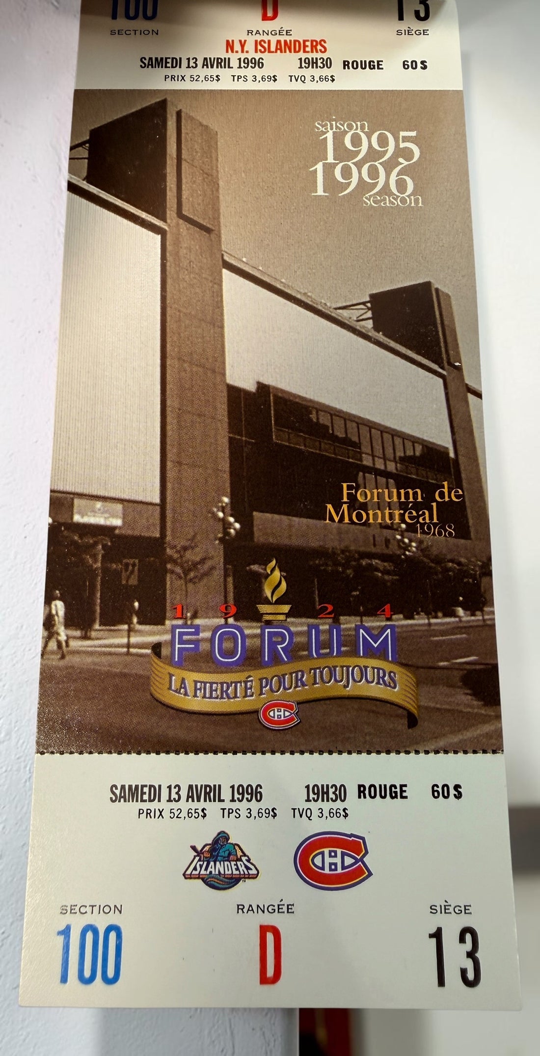 Original 1995–96 Montreal Canadiens season ticket booklet from the final season at the Montreal Forum, featuring Ken Dryden and historic Habs imagery.