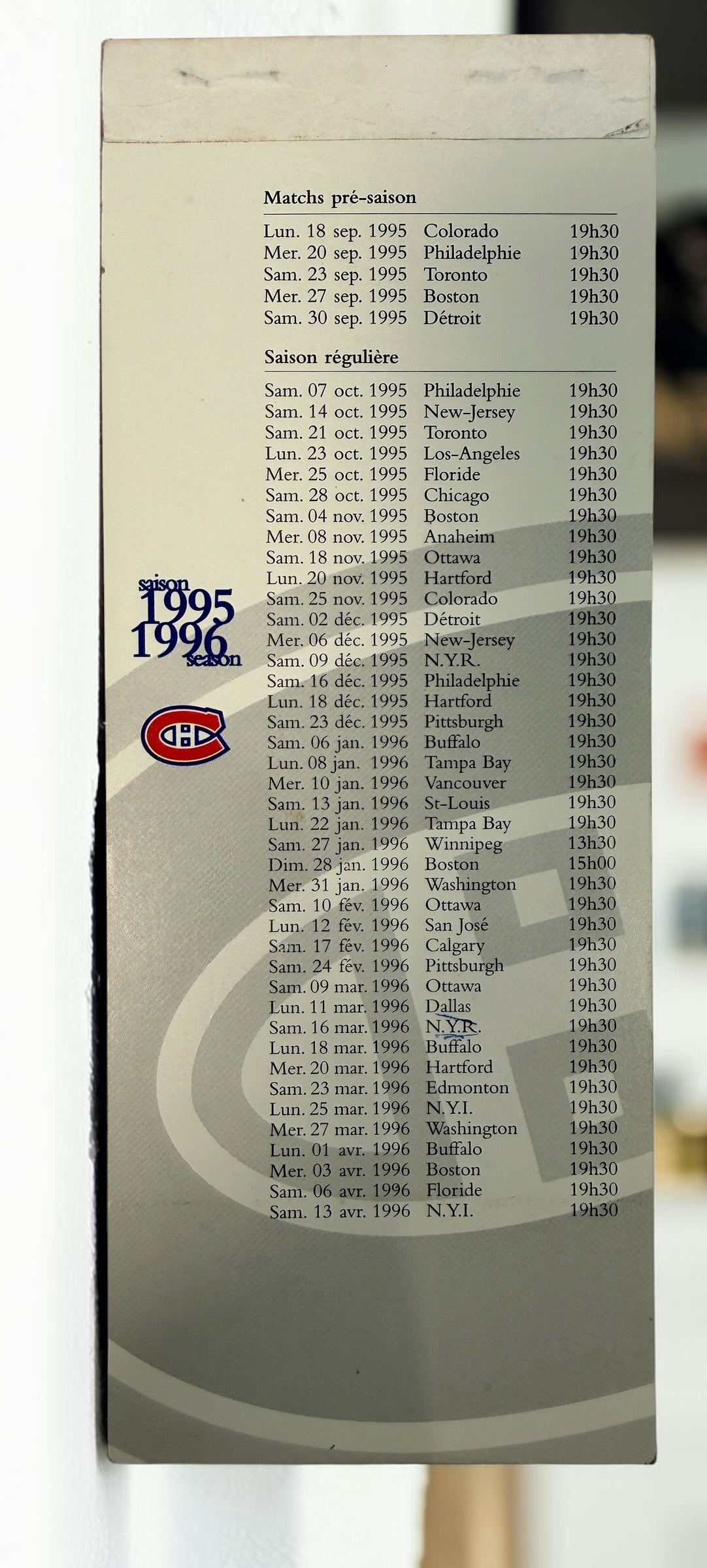 Original 1995–96 Montreal Canadiens season ticket booklet from the final season at the Montreal Forum, featuring Ken Dryden and historic Habs imagery.