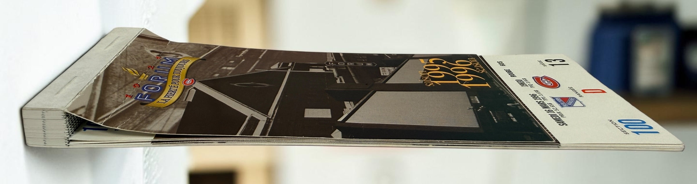 Original 1995–96 Montreal Canadiens season ticket booklet from the final season at the Montreal Forum, featuring Ken Dryden and historic Habs imagery.