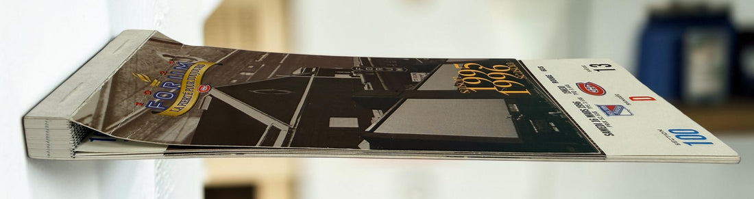 Original 1995–96 Montreal Canadiens season ticket booklet from the final season at the Montreal Forum, featuring Ken Dryden and historic Habs imagery.