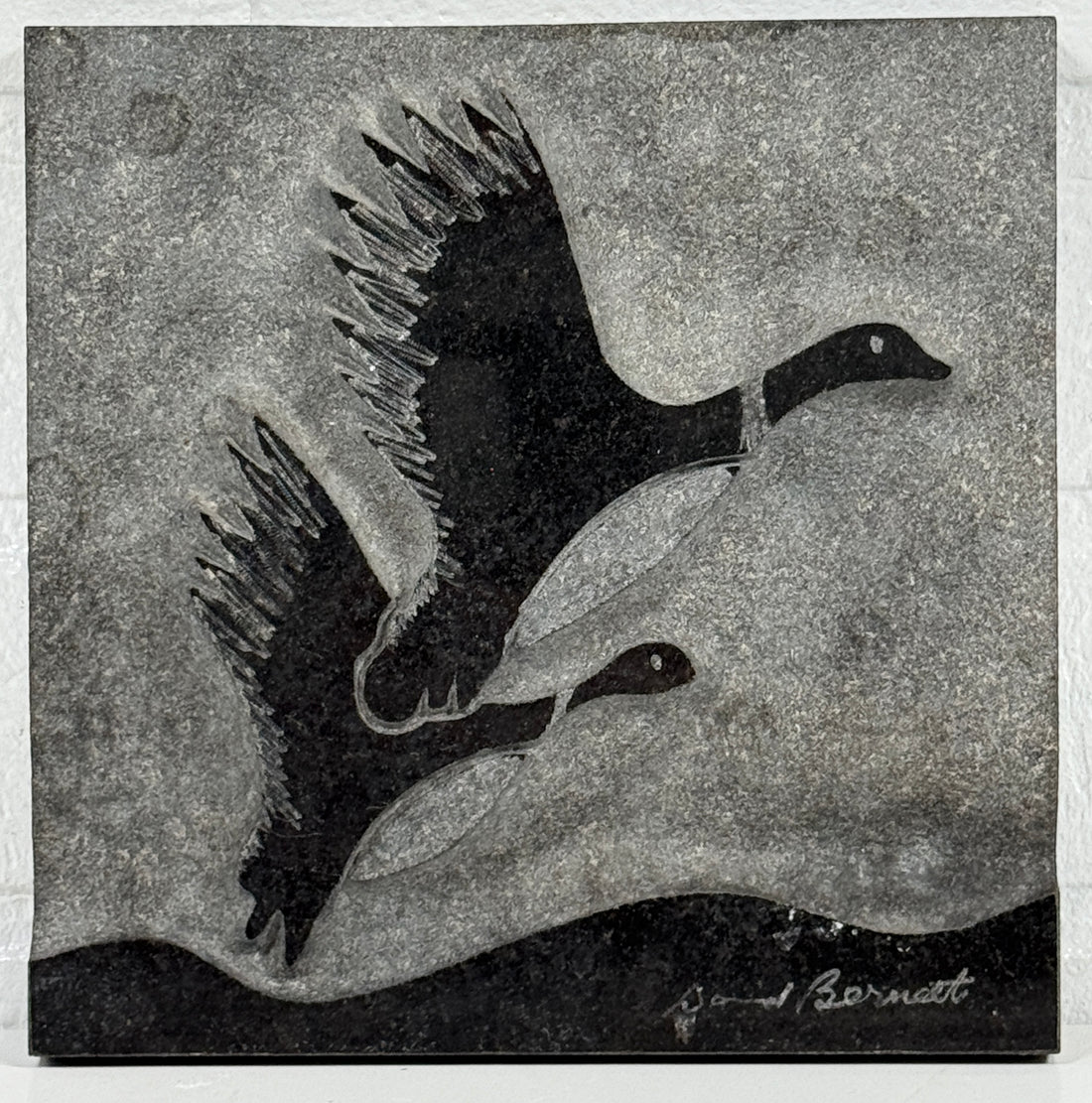 “Flight of the Marsh Geese” Marble Relief by Canadian Sculptor David Bernett – Signed, Noir Absolut Marble
