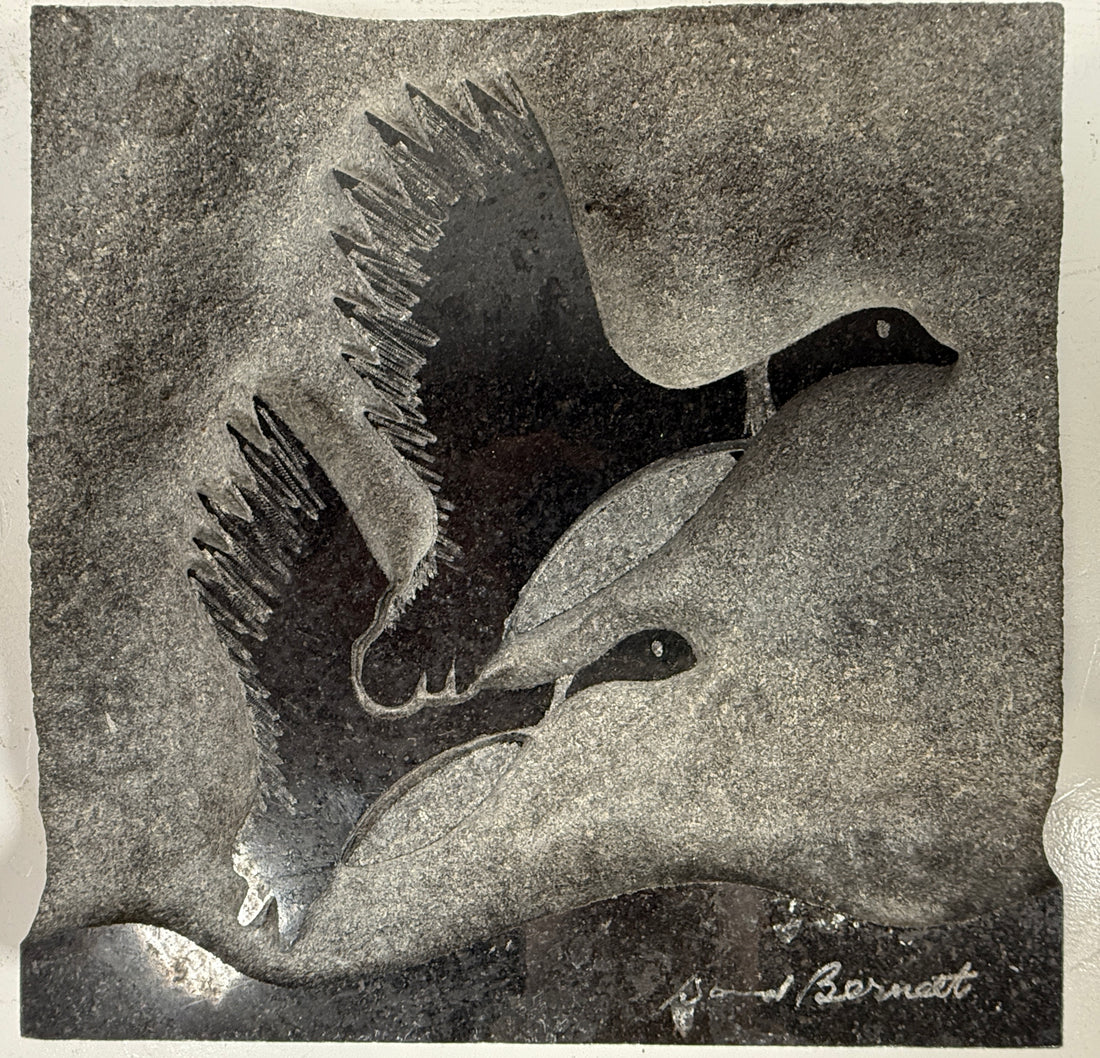 “Flight of the Marsh Geese” Marble Relief by Canadian Sculptor David Bernett – Signed, Noir Absolut Marble