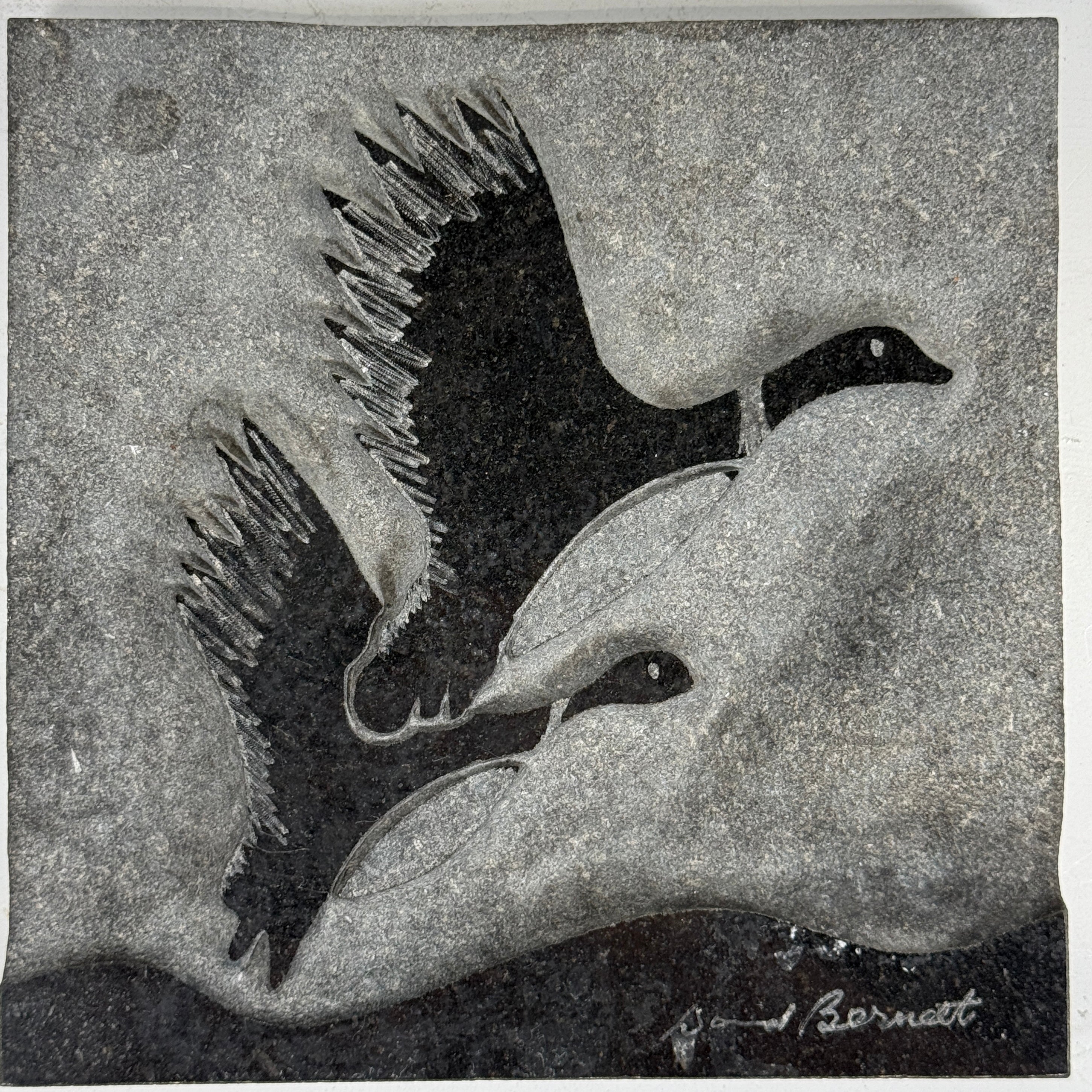 “Flight of the Marsh Geese” Marble Relief by Canadian Sculptor David Bernett – Signed, Noir Absolut Marble