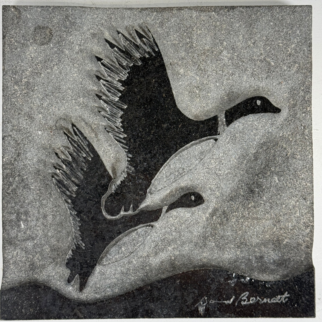 “Flight of the Marsh Geese” Marble Relief by Canadian Sculptor David Bernett – Signed, Noir Absolut Marble