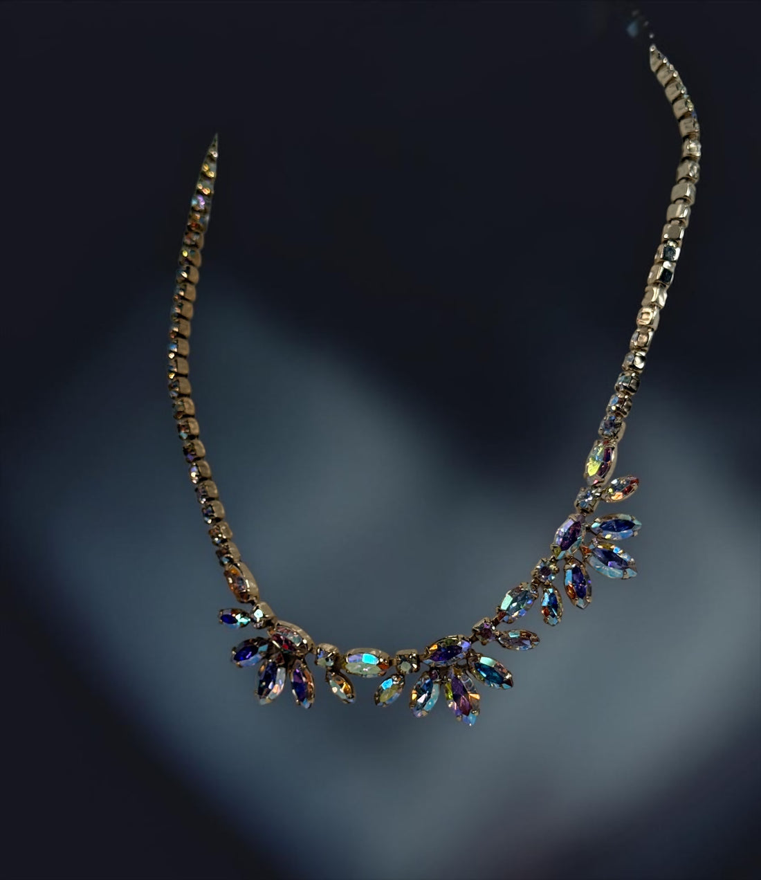 Vintage signed Sherman AB rhinestone parure with necklace, brooch and clip earrings. Mid-century Canadian costume jewelry with brilliant iridescent stones.