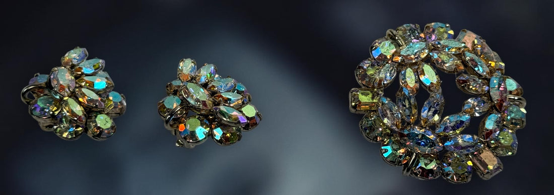 Vintage signed Sherman AB rhinestone parure with necklace, brooch and clip earrings. Mid-century Canadian costume jewelry with brilliant iridescent stones.