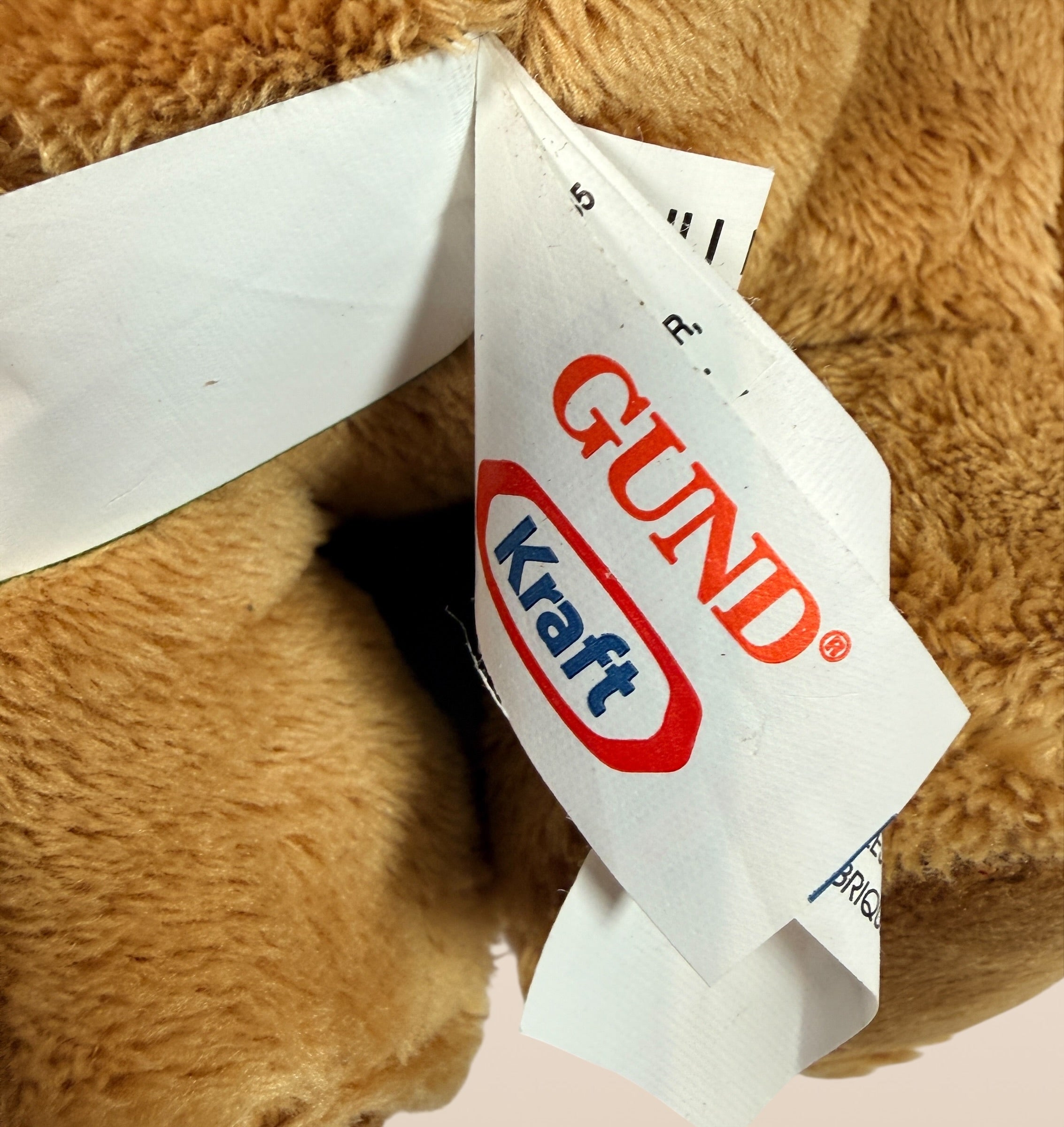 Vintage Kraft Peanut Butter GUND teddy bear plush with green bow tie. Canadian advertising collectible mascot, approx 10 inches, nostalgic branded display piece.