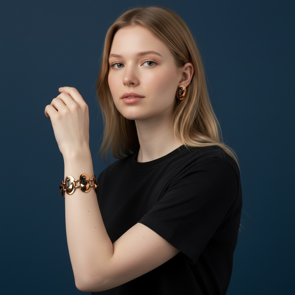 Vintage genuine copper bracelet and clip-on earrings set with sculptural Mid-Century Modern design, dark accents and original-style presentation box.