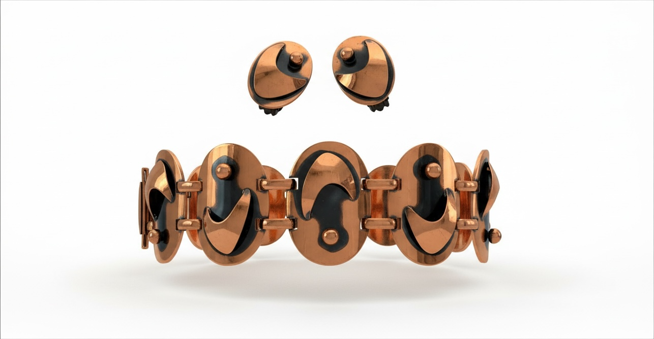 Vintage genuine copper bracelet and clip-on earrings set with sculptural Mid-Century Modern design, dark accents and original-style presentation box.