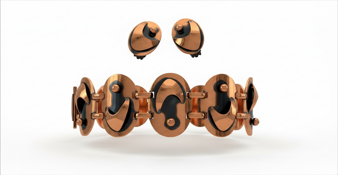 Vintage genuine copper bracelet and clip-on earrings set with sculptural Mid-Century Modern design, dark accents and original-style presentation box.