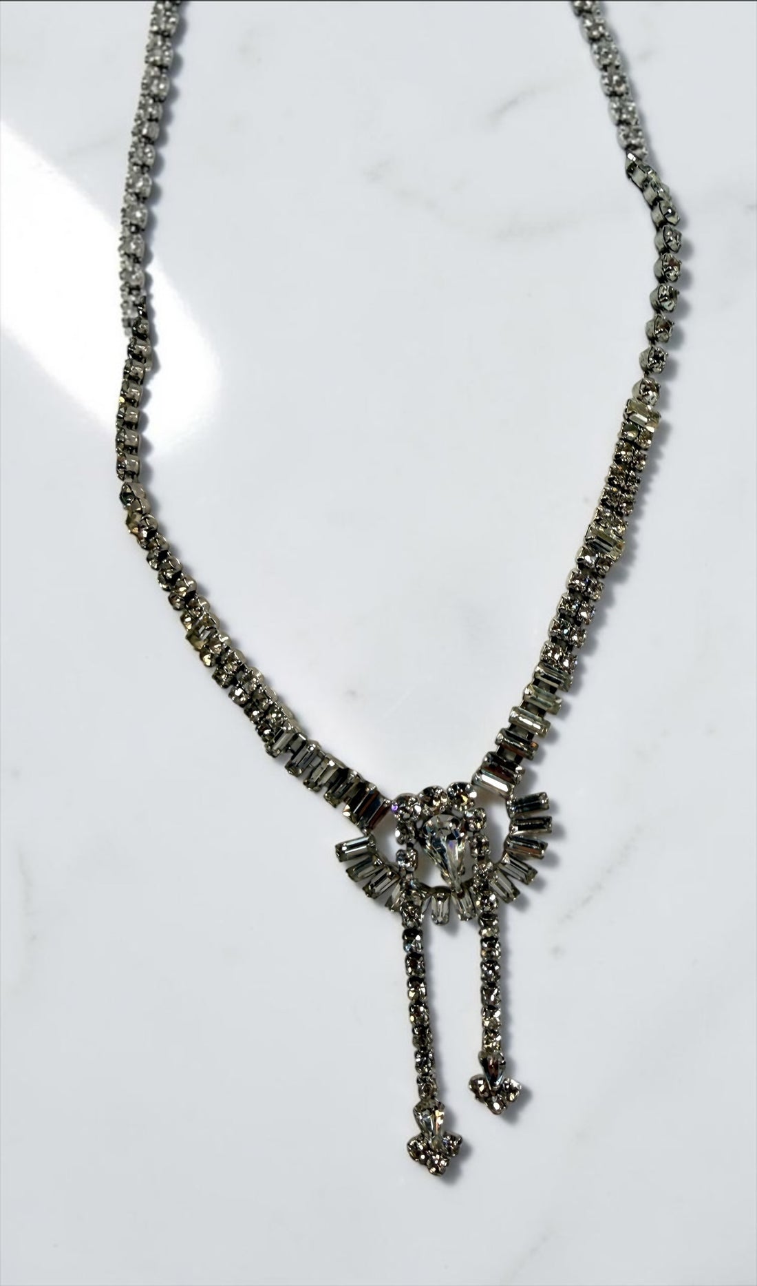 Vintage Jay Flex sterling silver rhinestone parure with necklace, bracelet and screw-back earrings. Rare 1940s–50s Canadian 3-piece jewellery set.